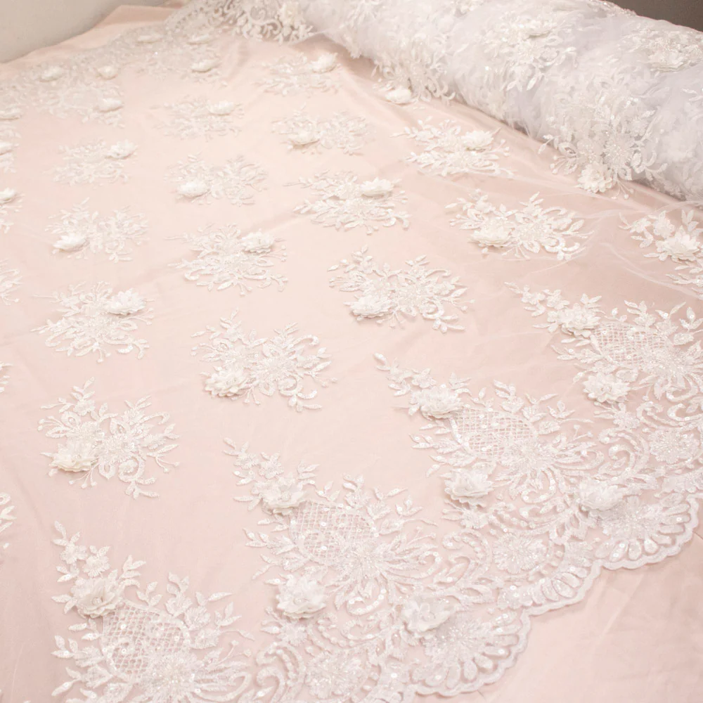 3D Floral Sequin Embroidered Couture Bridal Laces – WS21 Off White - Image 3