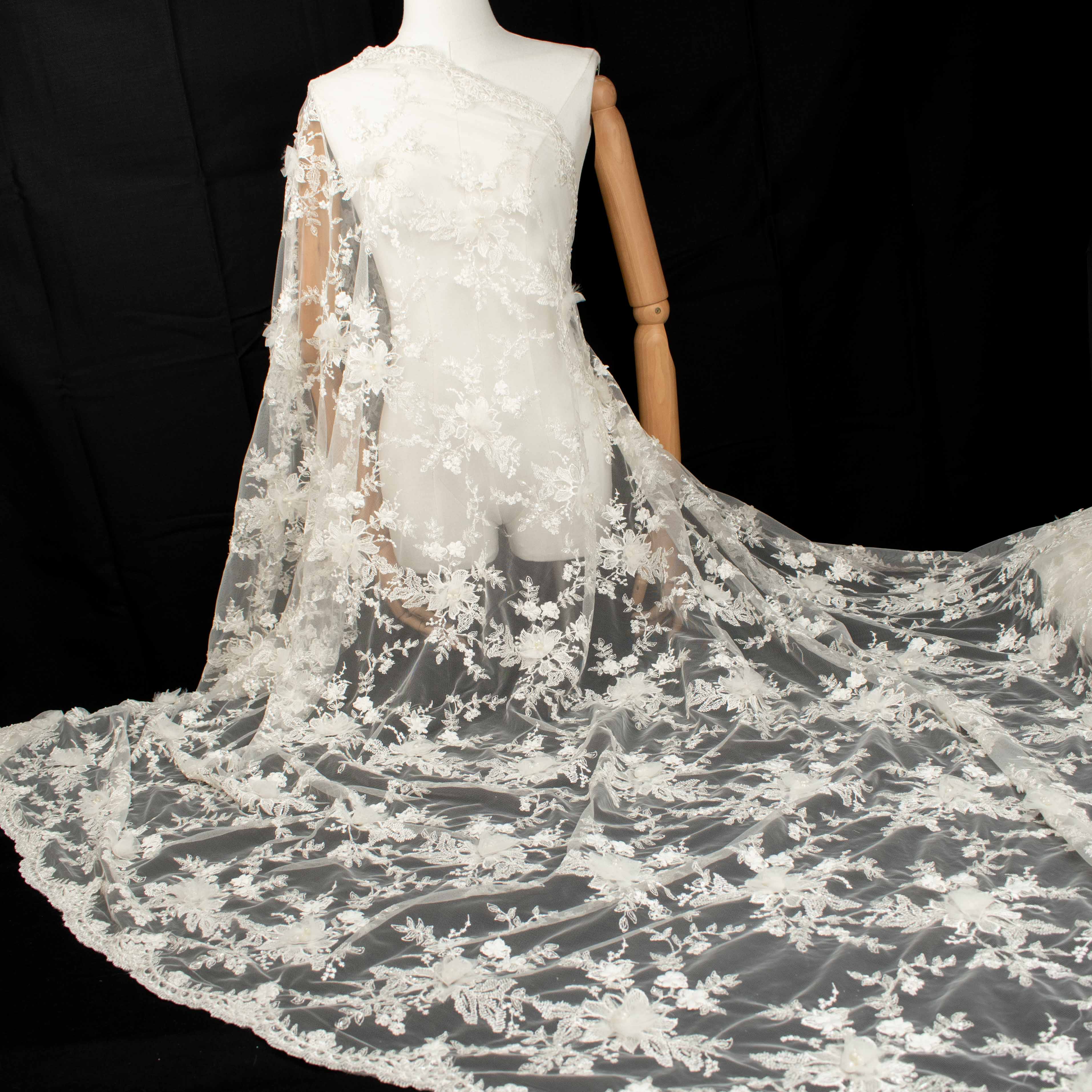 3D Flower Pearl Beaded Embroidery Lace Ivory Design-14 - Image 3