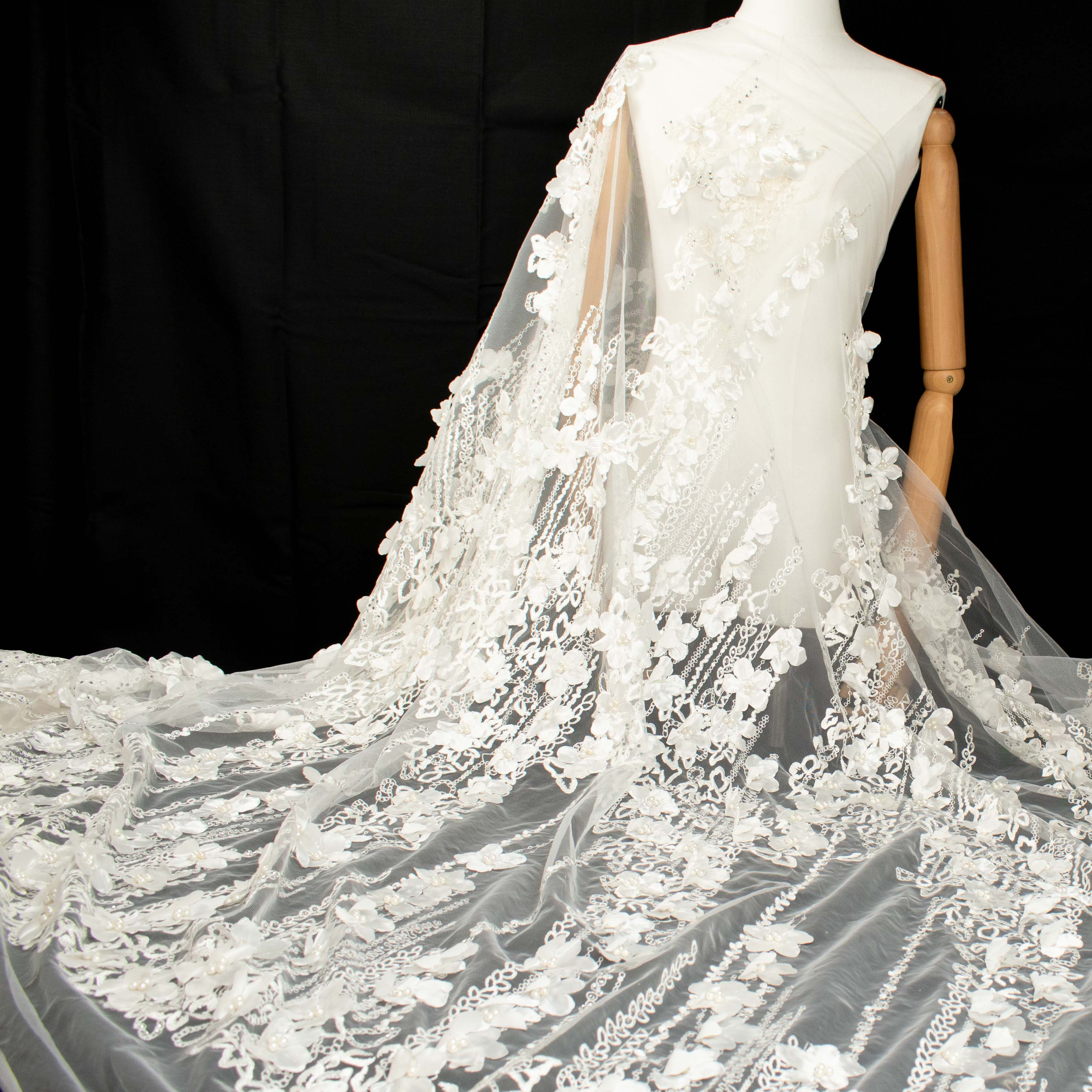 3D Flower Pearl Diamanta Embroidered Lace Ivory Design-7 - Image 3