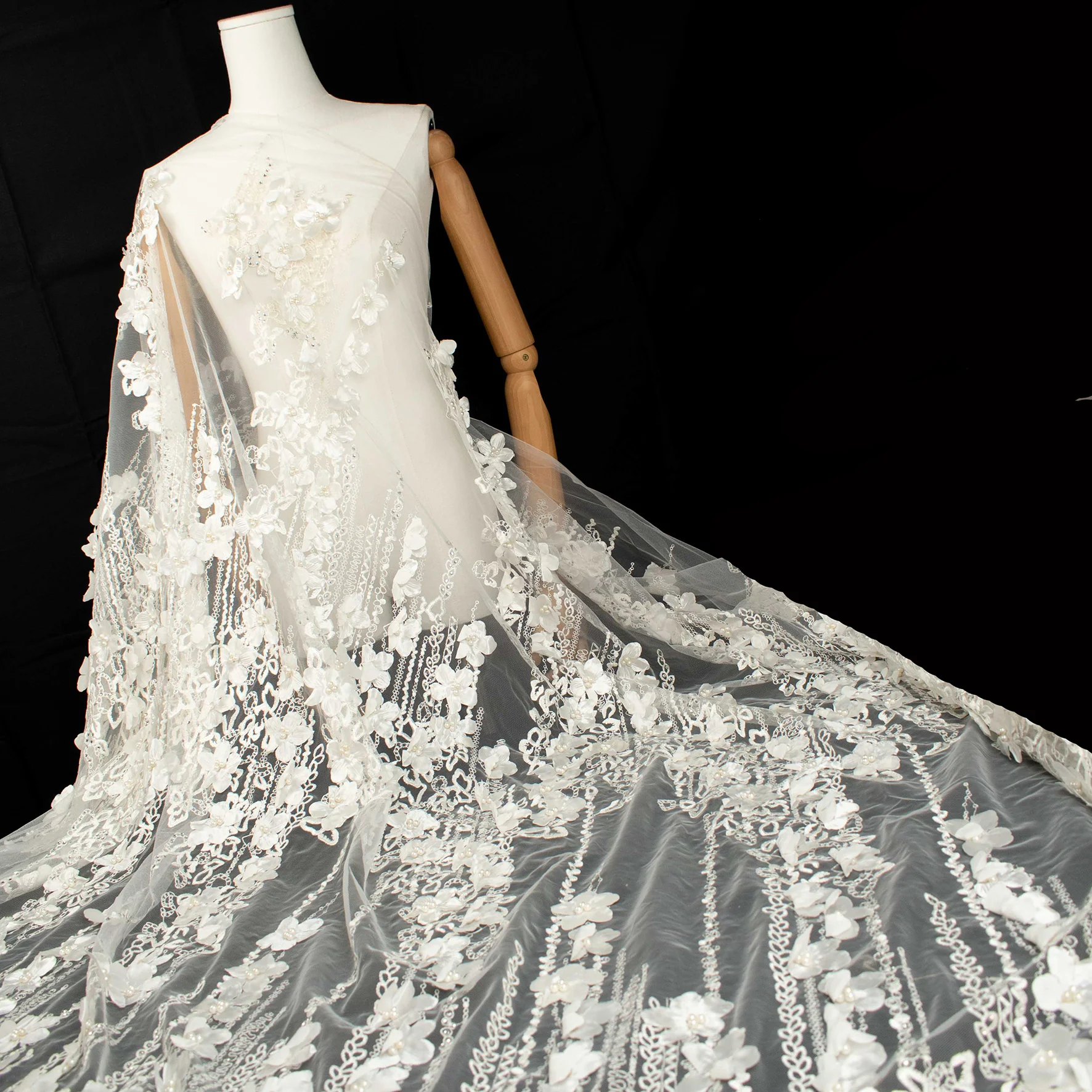 3D Flower Pearl Diamanta Embroidered Lace Ivory Design-7 - Image 4