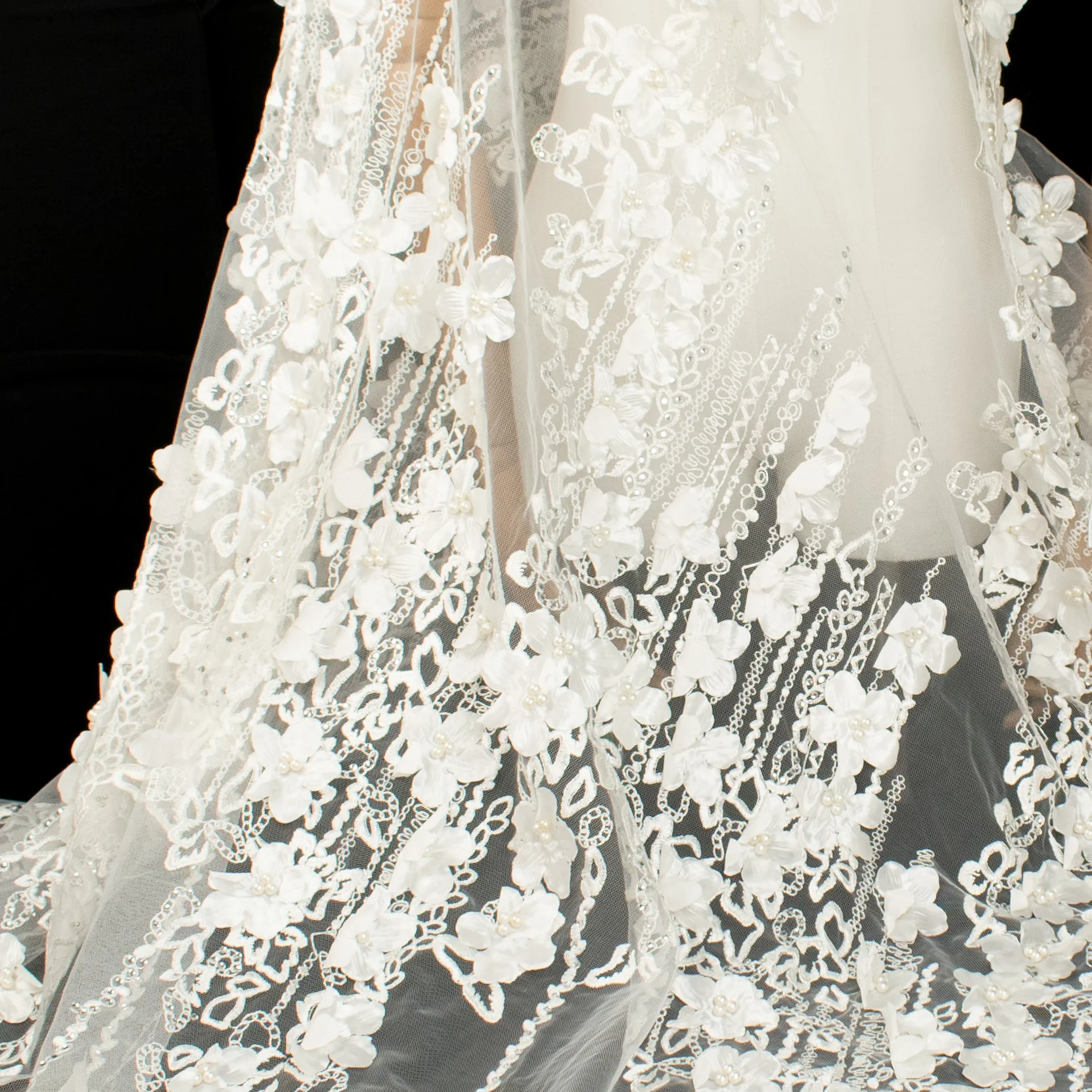 3D Flower Pearl Diamanta Embroidered Lace Ivory Design-7 - Image 5