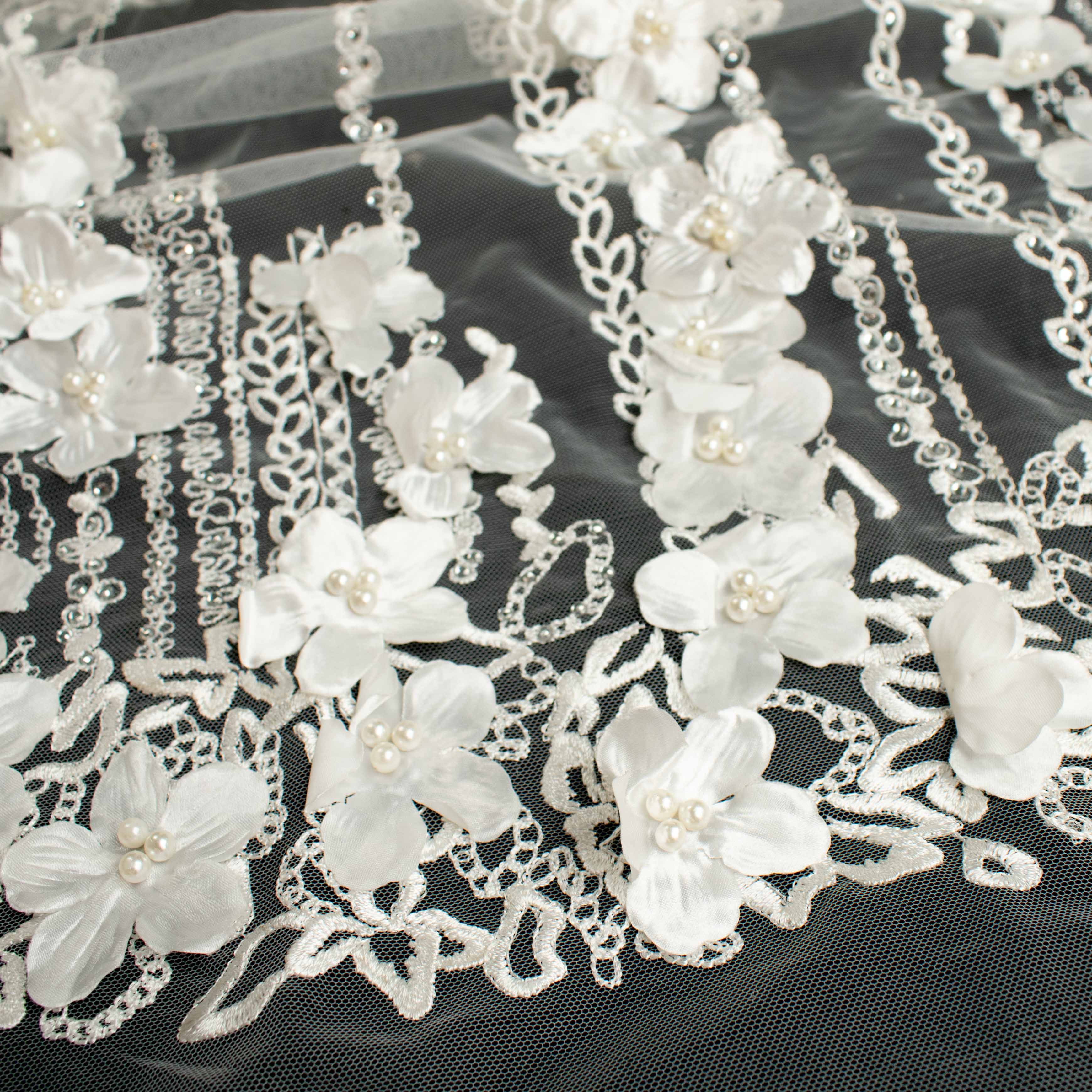 3D Flower Pearl Diamanta Embroidered Lace Ivory Design-7 - Image 6