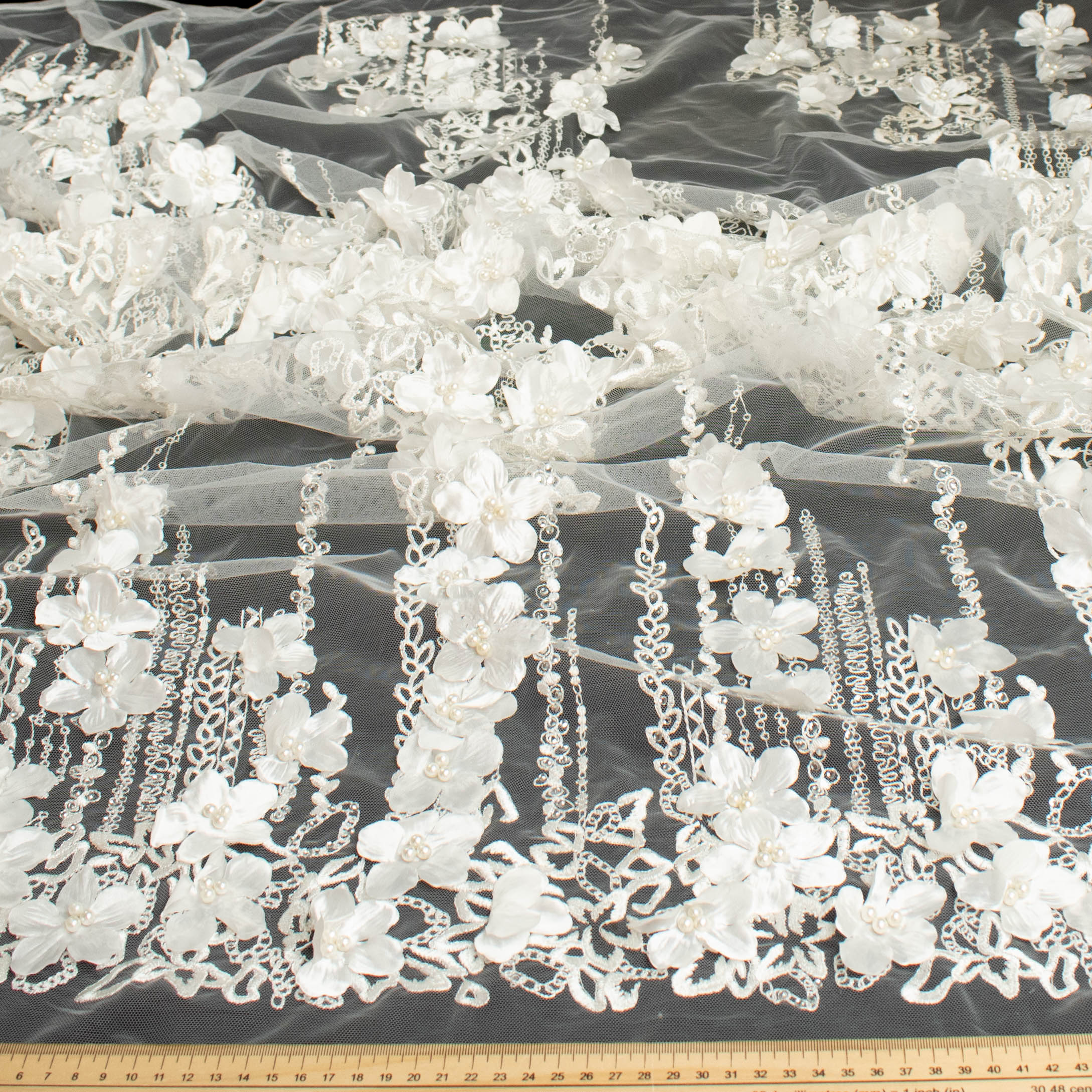3D Flower Pearl Diamanta Embroidered Lace Ivory Design-7 - Image 7
