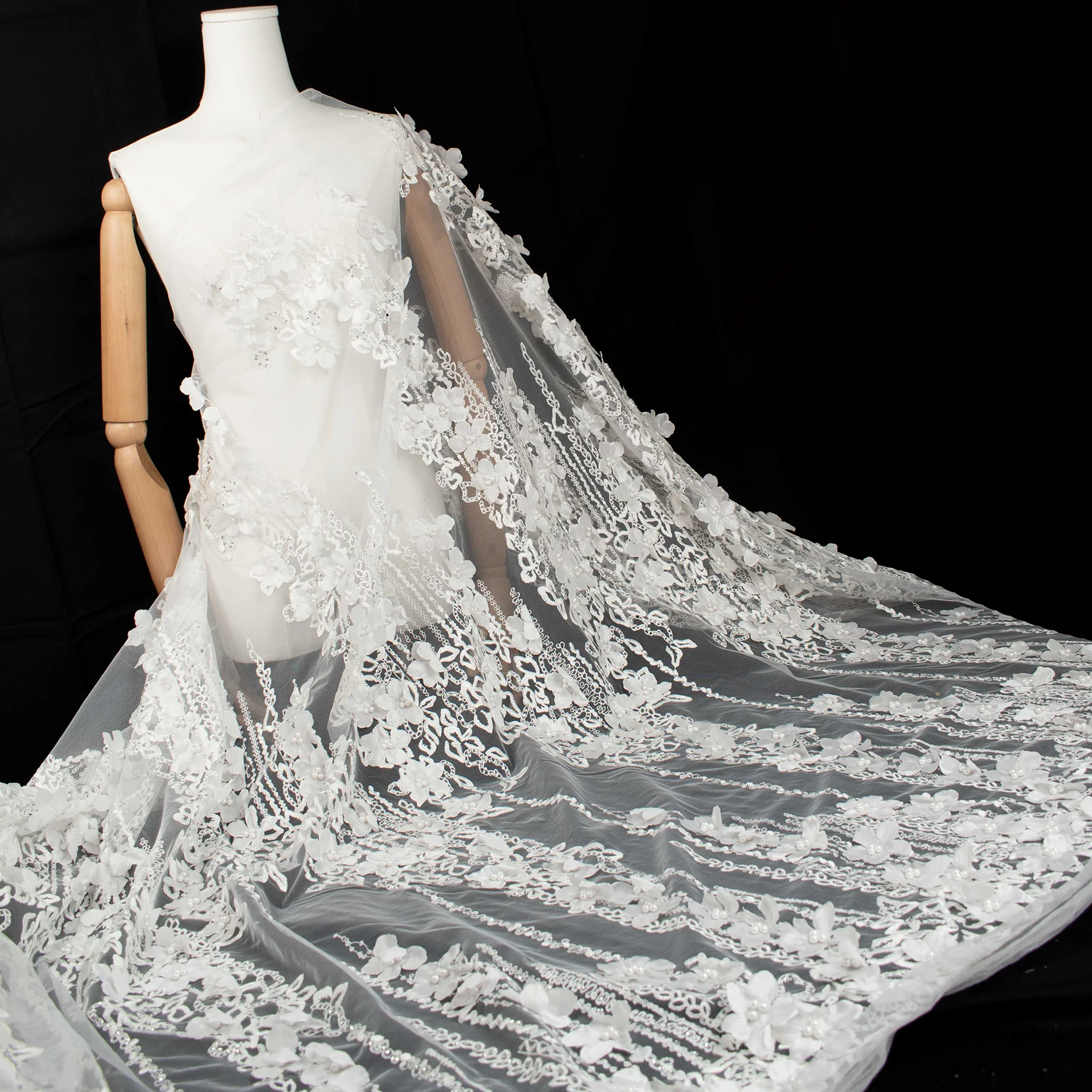 3D Flower Pearl Diamanta Embroidered Lace White Design-8 - Image 3