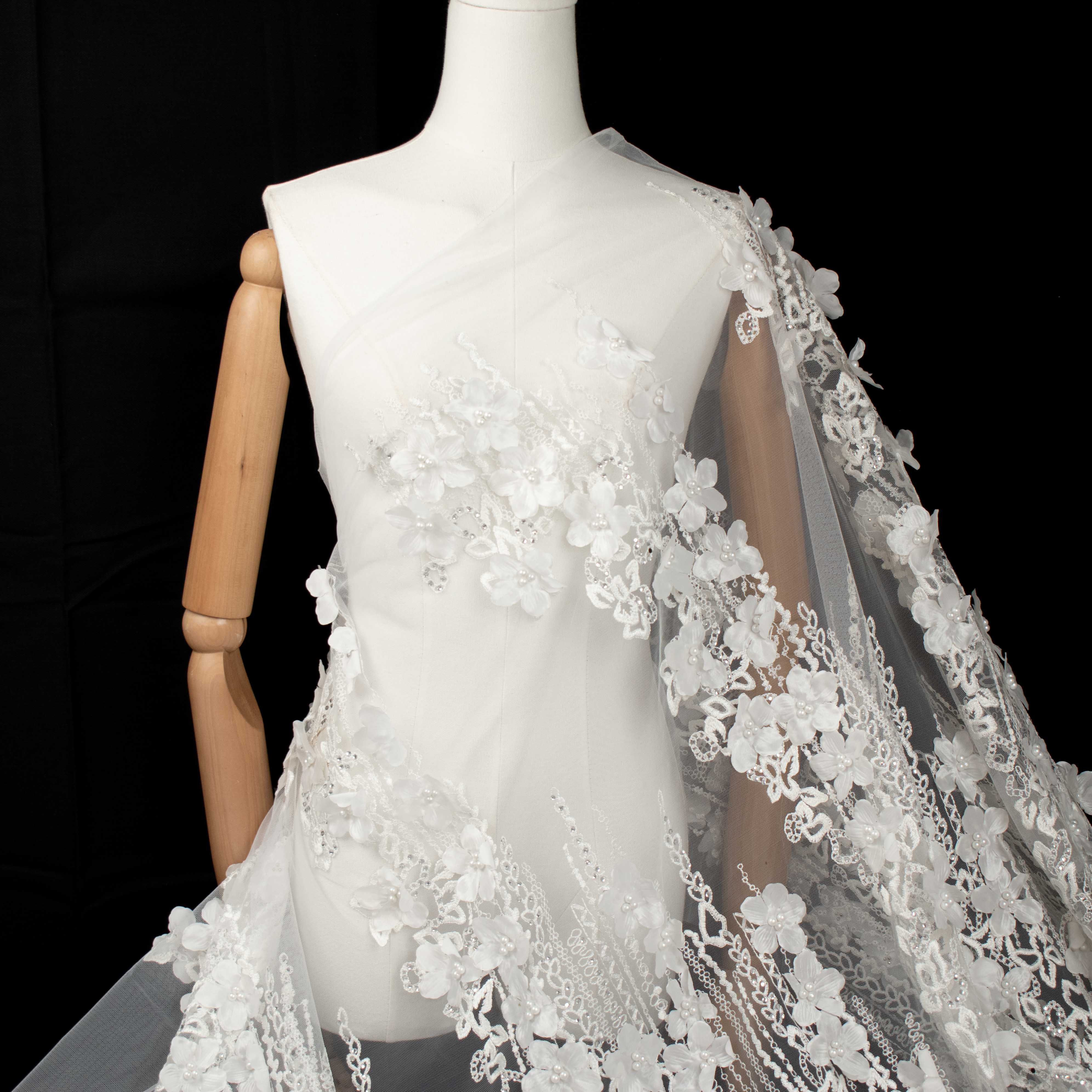 3D Flower Pearl Diamanta Embroidered Lace White Design-8 - Image 4