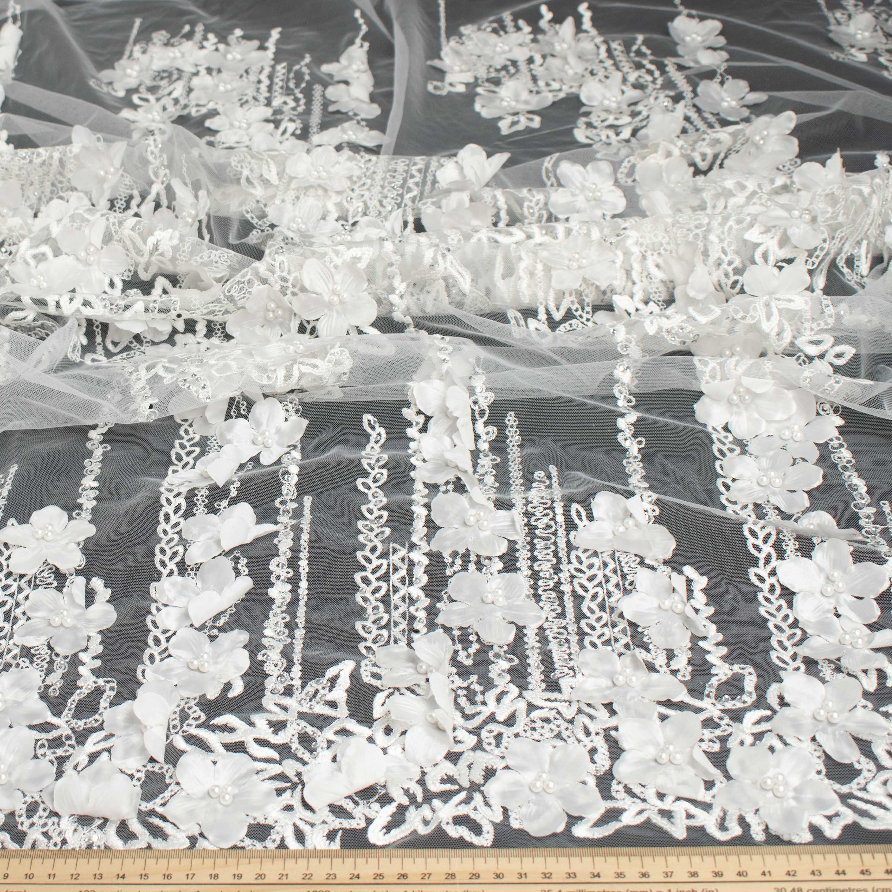 3D Flower Pearl Diamanta Embroidered Lace White Design-8 - Image 5