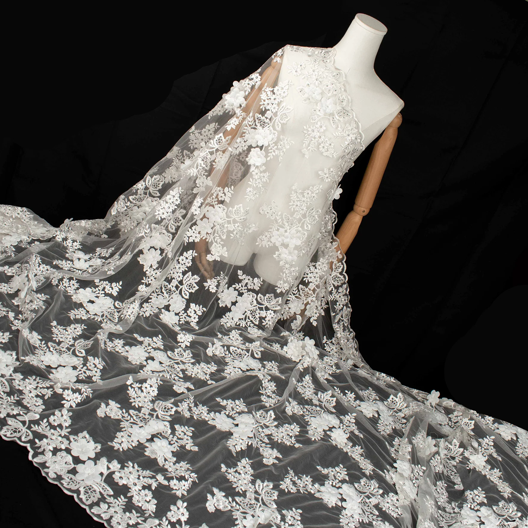 3D Flower Pearl Diamante Embroidery Lace White Design-12 - Image 3