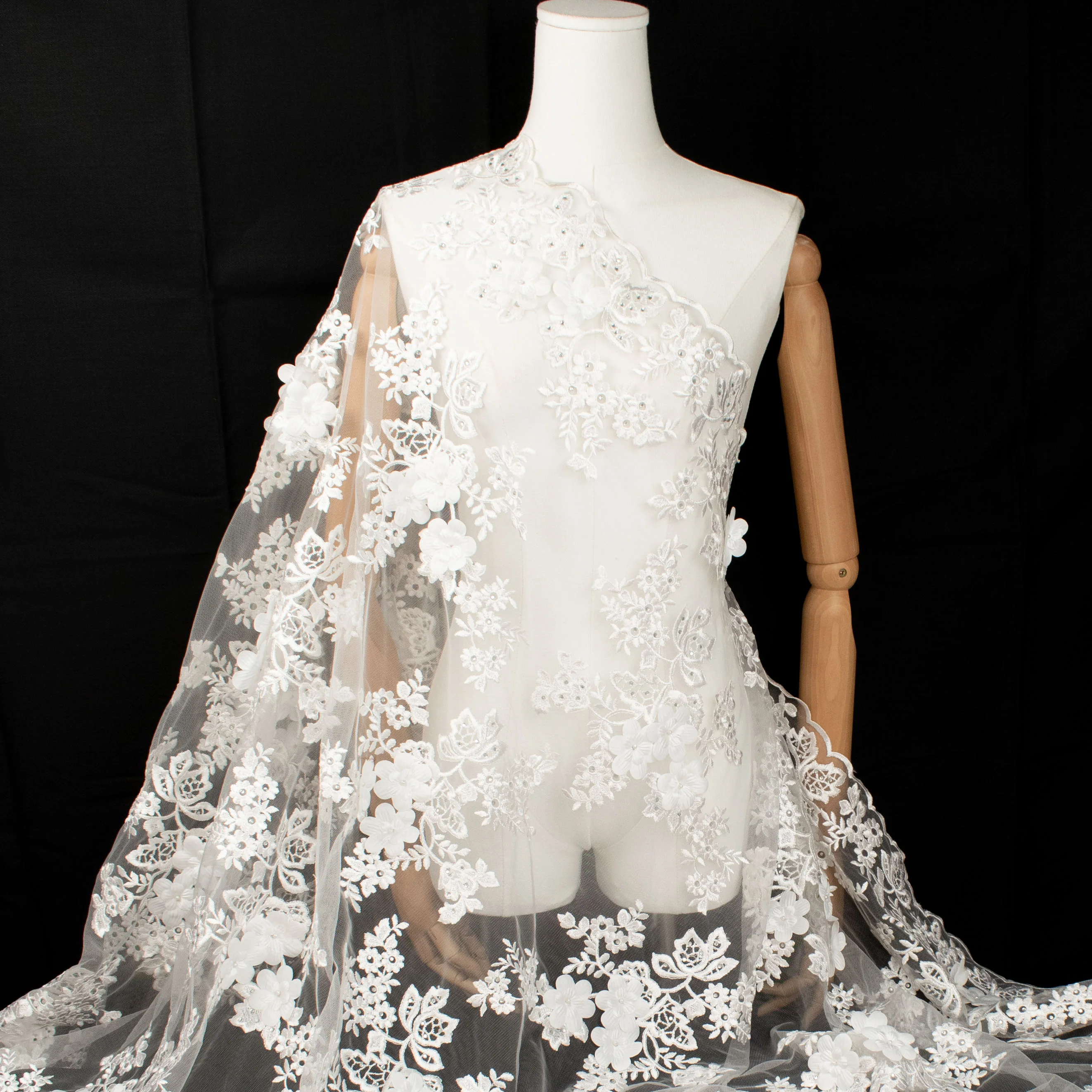 3D Flower Pearl Diamante Embroidery Lace White Design-12 - Image 5