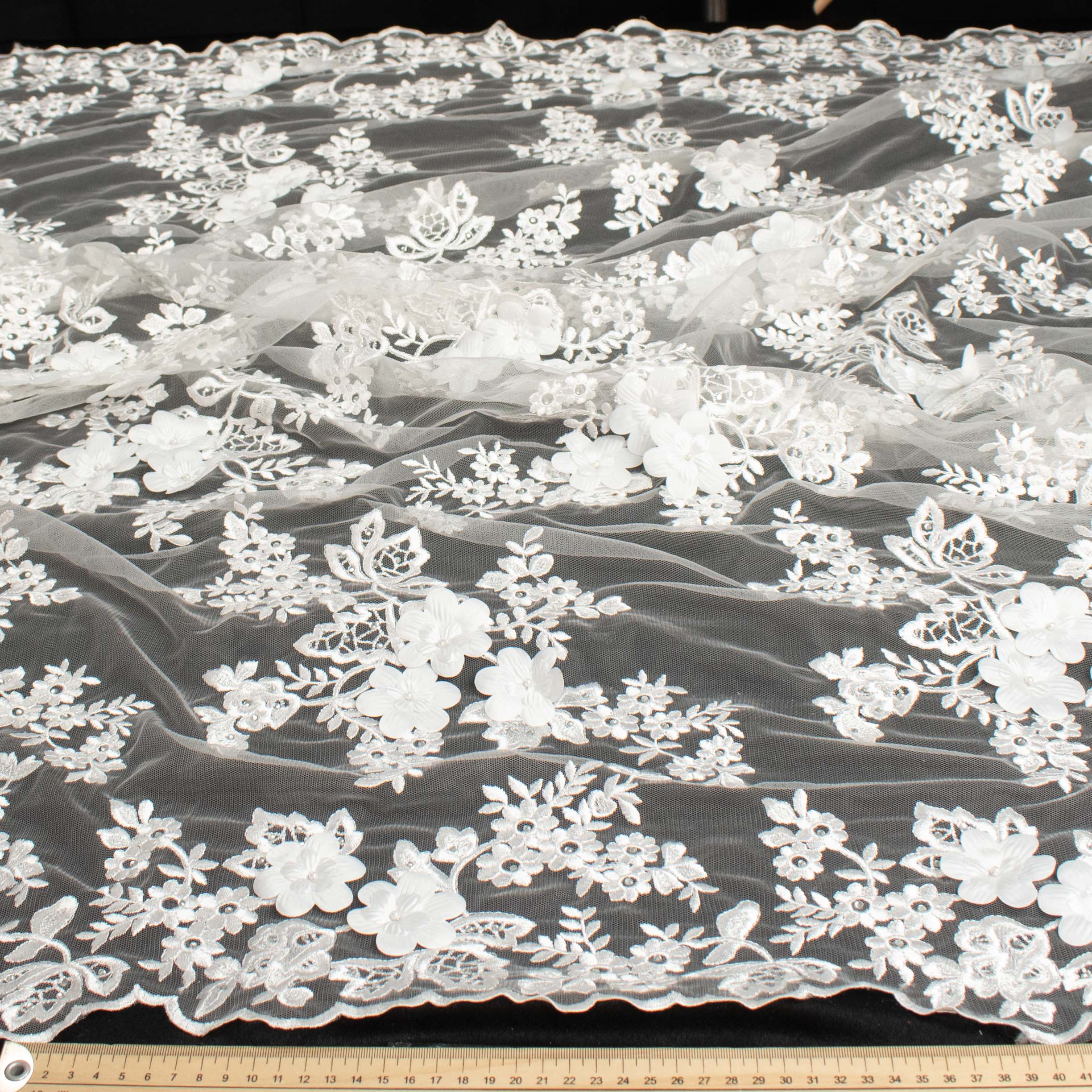 3D Flower Pearl Diamante Embroidery Lace White Design-12 - Image 7