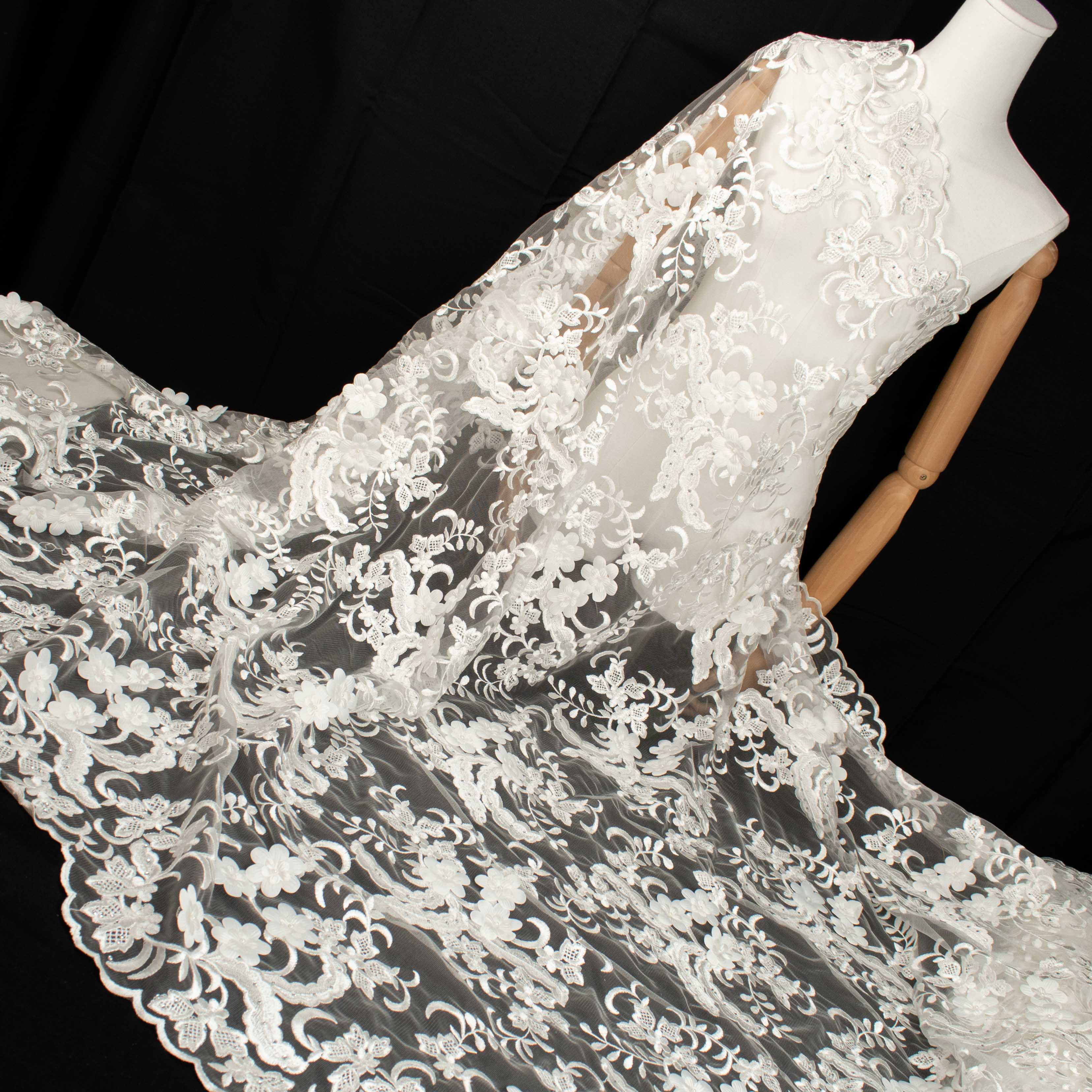 3D Flower Pearl Diamante Embroidery Lace Ivory Design-13 - Image 3