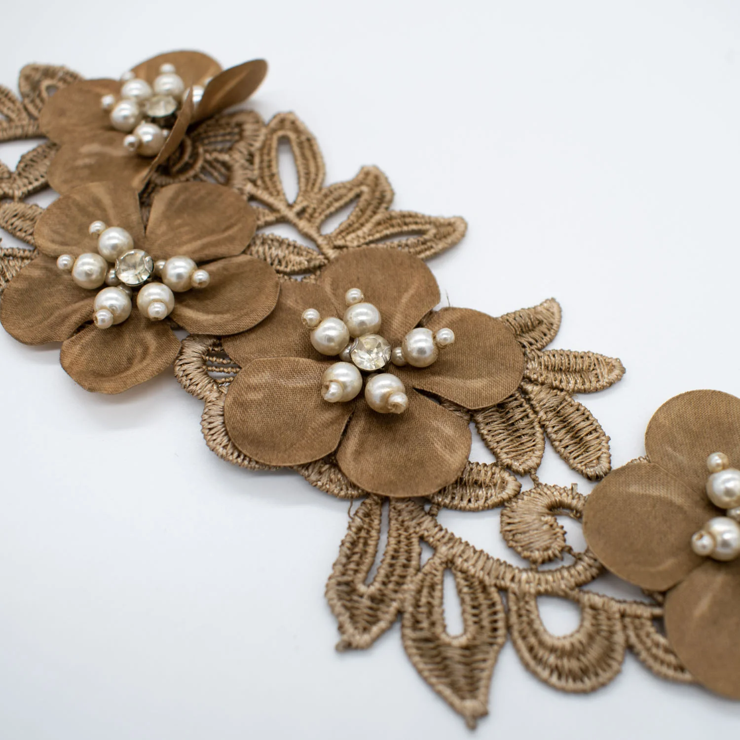 3D Flower Pearl & Diamante Embroidered Brown Applique Motif Design-MOT-I-46 - Image 2