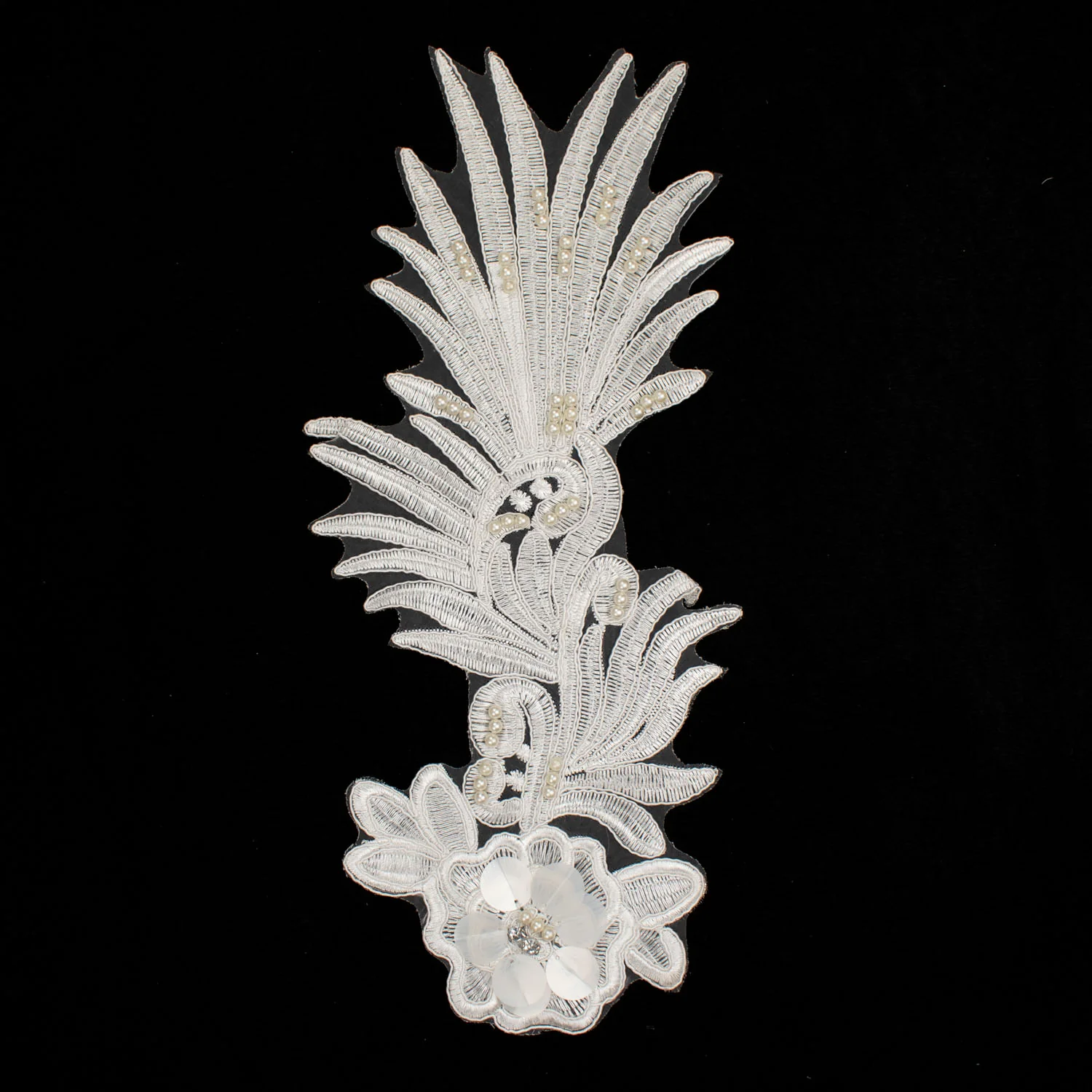 3D Flower Sequin & Pearl Embroidered Ivory Applique Motif Design-MOT-O