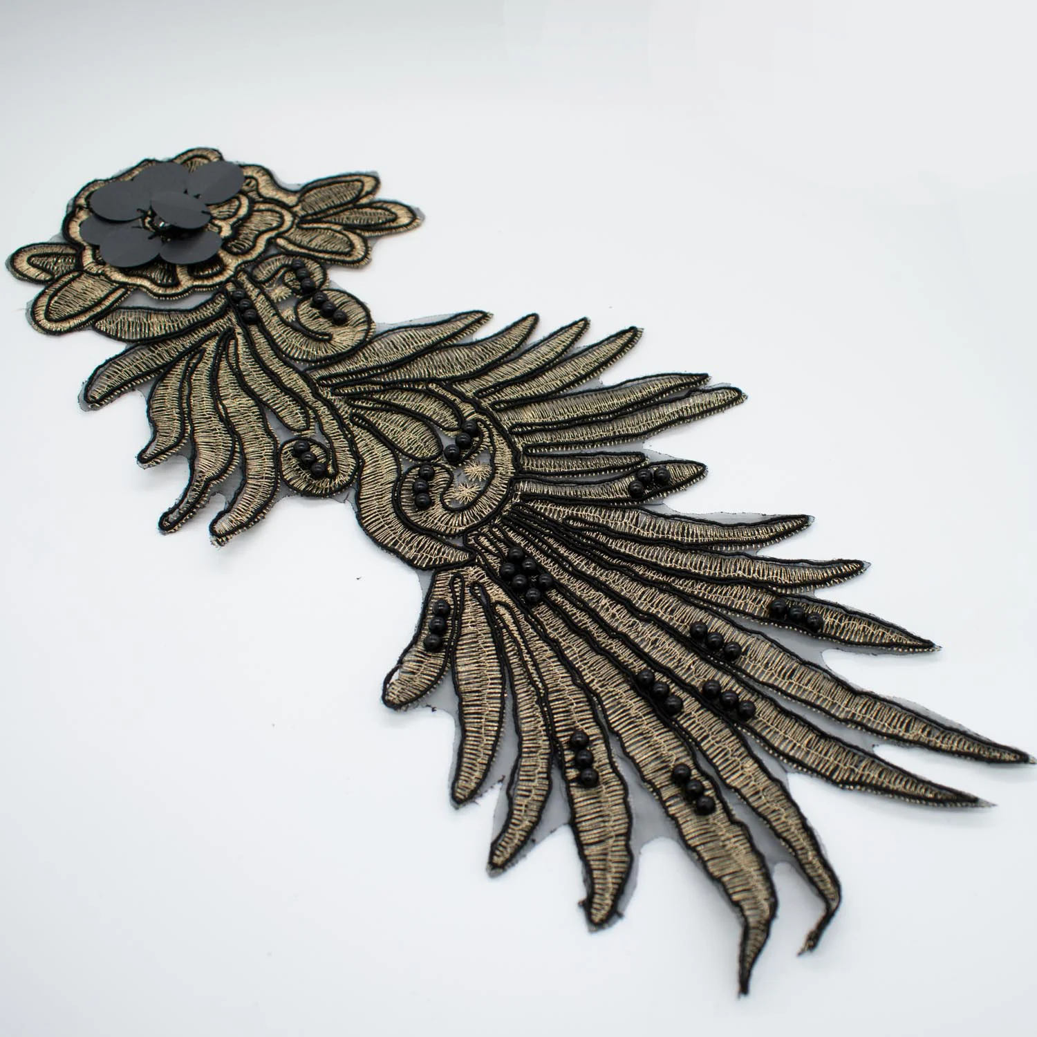3D Flower Sequin & Pearl  Embroidered Gold & Black Applique Motif Design-MOT-O - Image 2