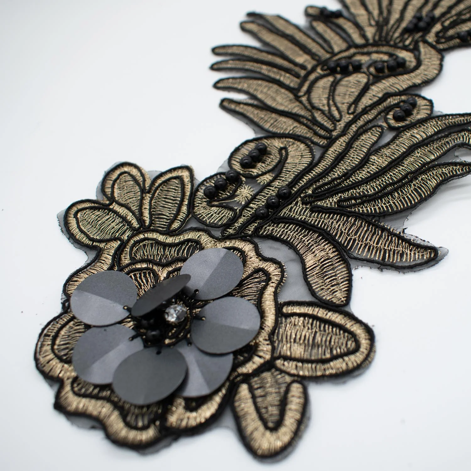 3D Flower Sequin & Pearl  Embroidered Gold & Black Applique Motif Design-MOT-O - Image 3