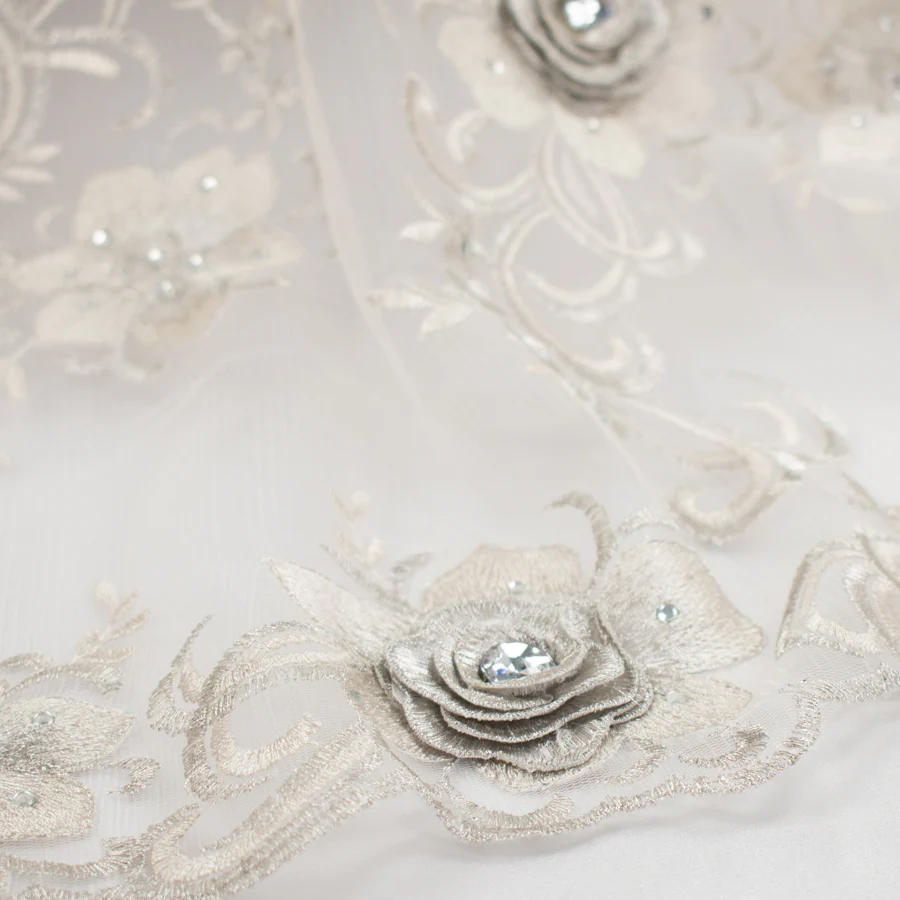 3D Flower with Gemstone Jewel Lace Silver