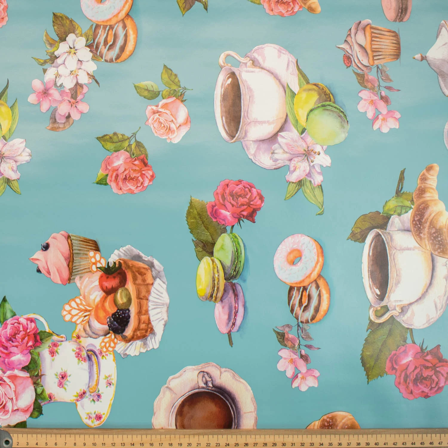 Afternoon Tea on Blue Plastic Tablecloth Fabric - Image 2