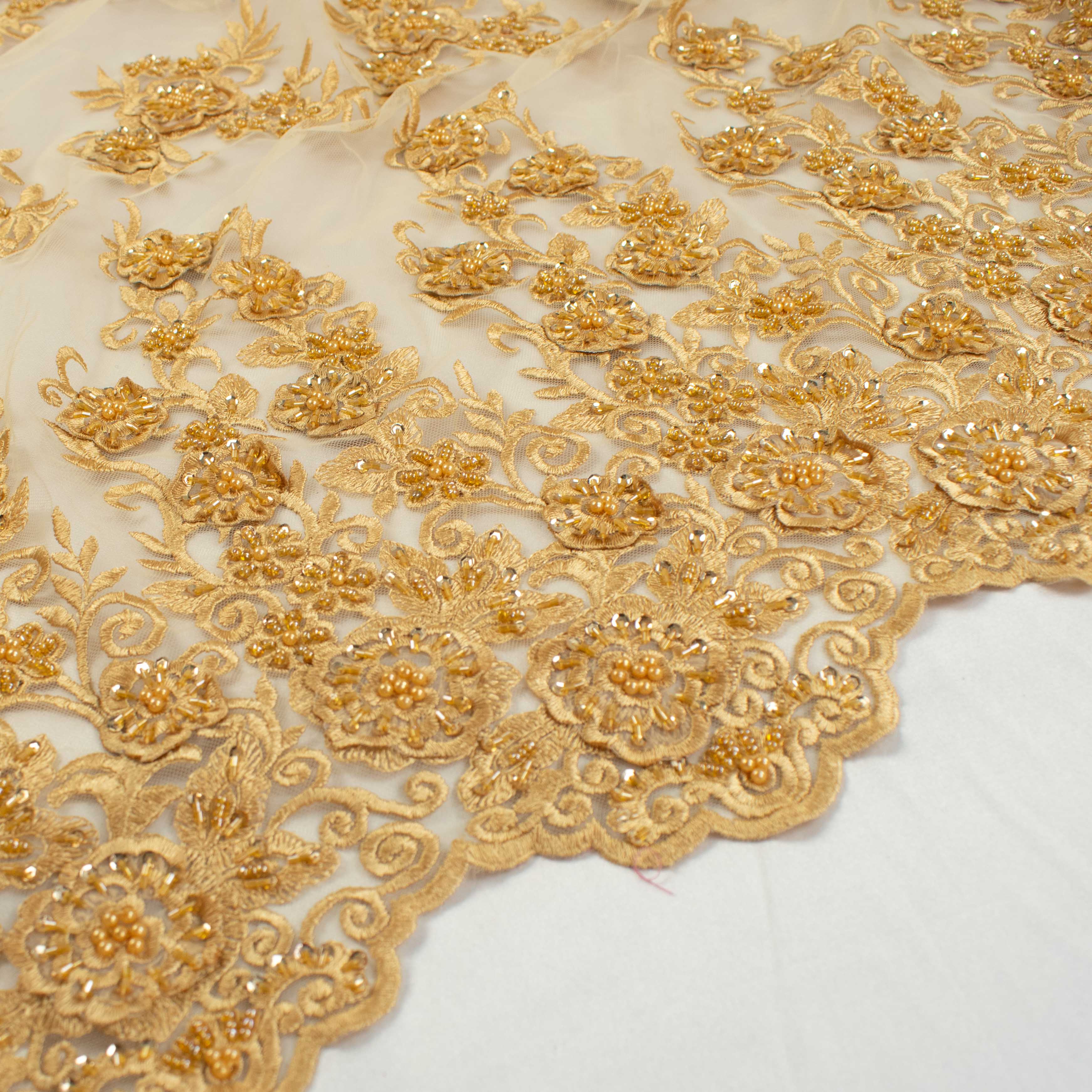 Beaded Damante Embroidery 3D Flower Lace Gold - Image 4