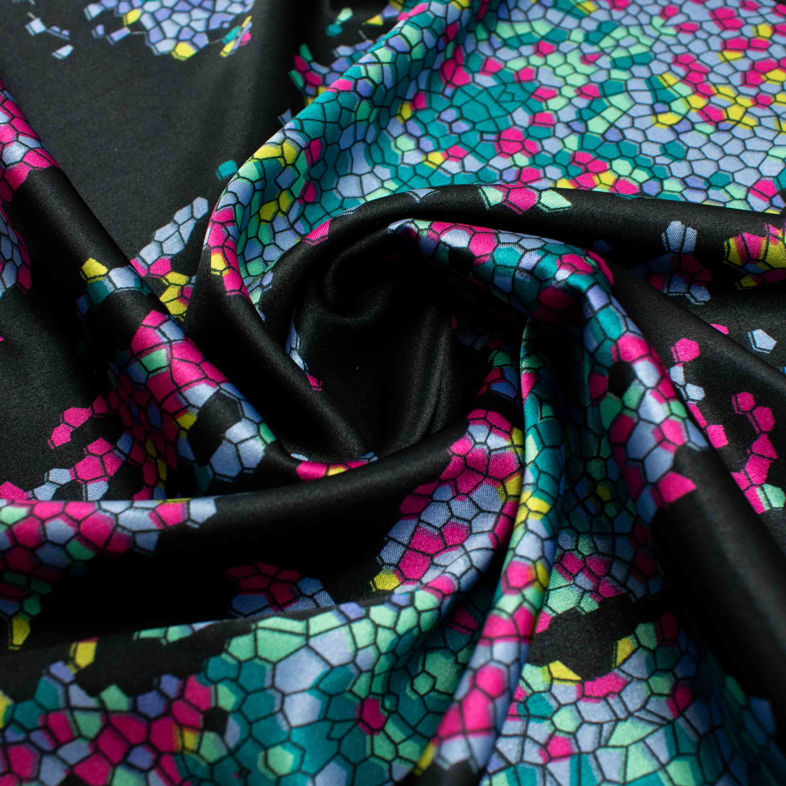 Satin Prints Design-205 Teal & Pink Mosaic on Black - Image 2