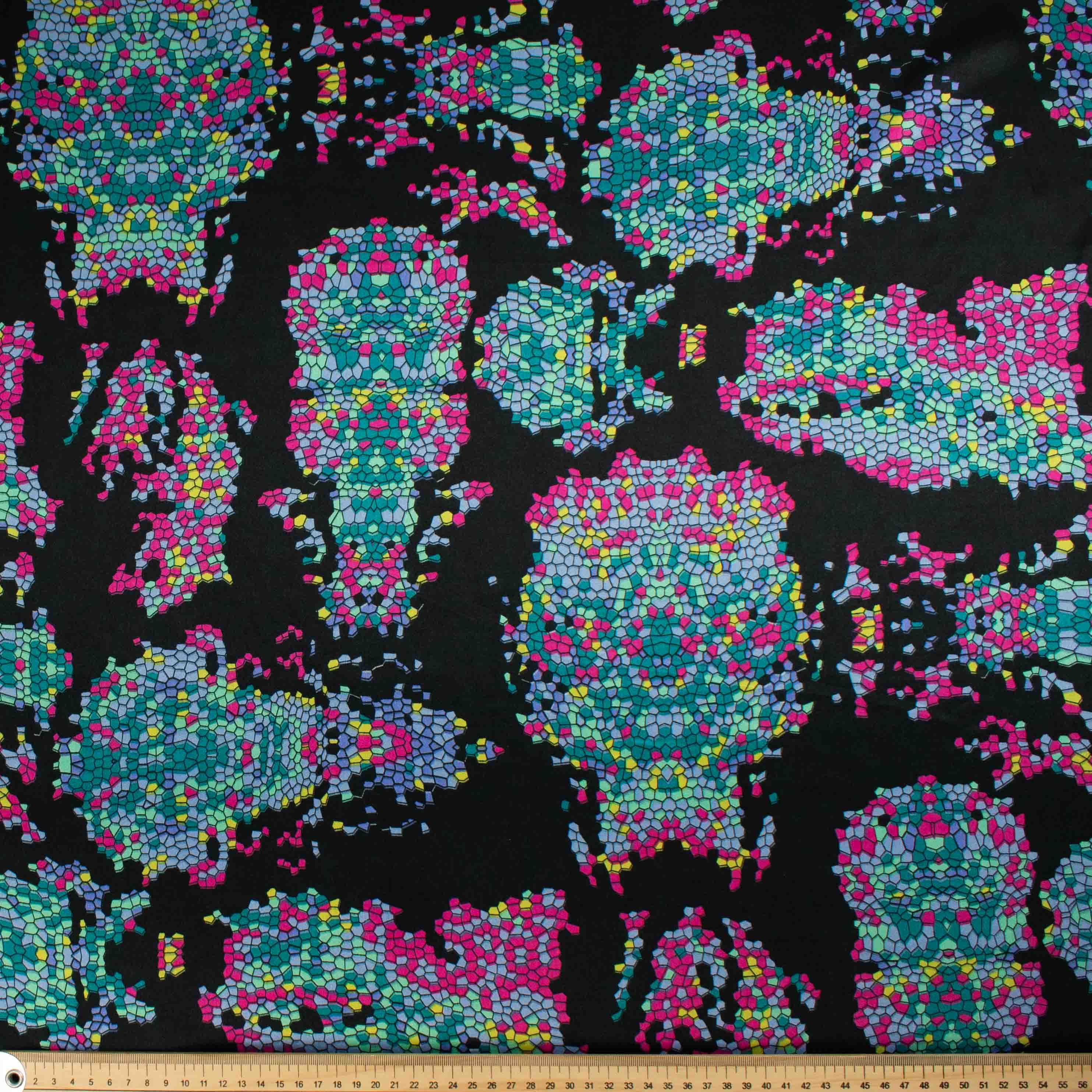 Satin Prints Design-205 Teal & Pink Mosaic on Black - Image 4
