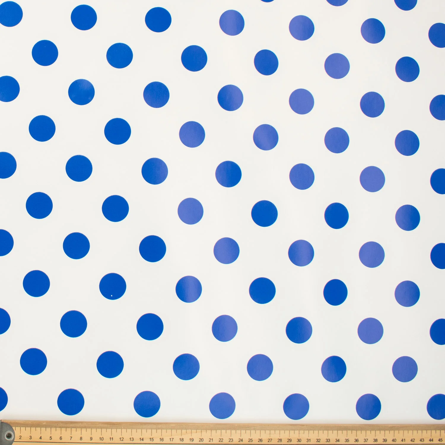 Blue Dots on White Plastic Tablecloth Fabric - Image 2