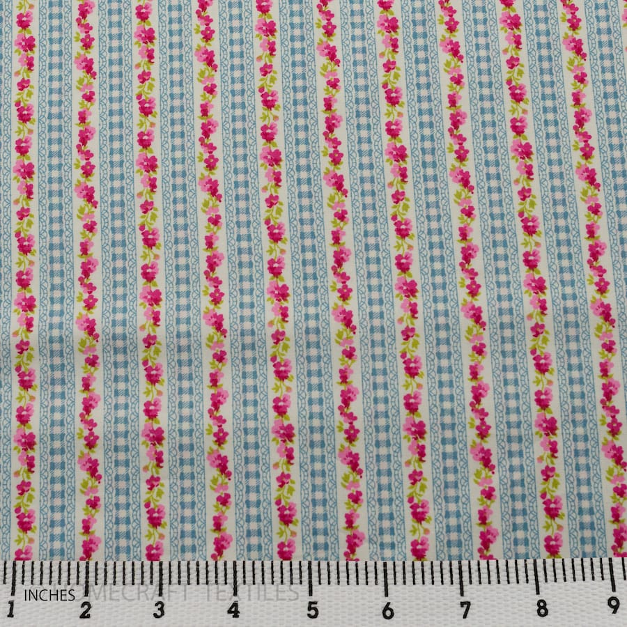 Blue Floral Lace Stripe Cotton Print