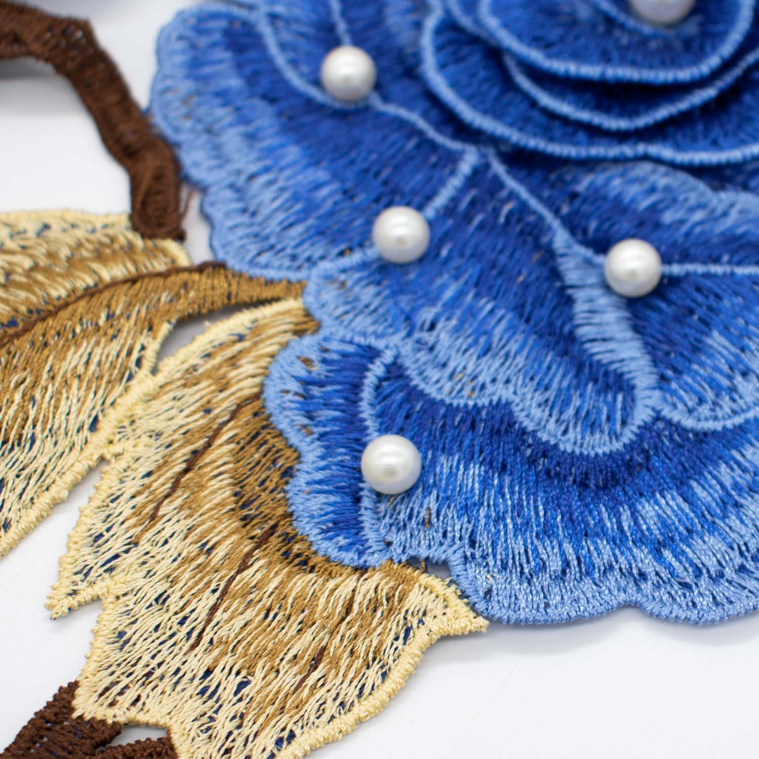 Blue Flower & Pearl Embroidered Applique Motif Design-I-44 - Image 3