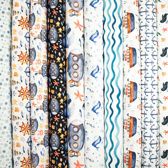 Blue Sea Collection #11 Blue Wavy Lines on White Cotton Prints - Image 2