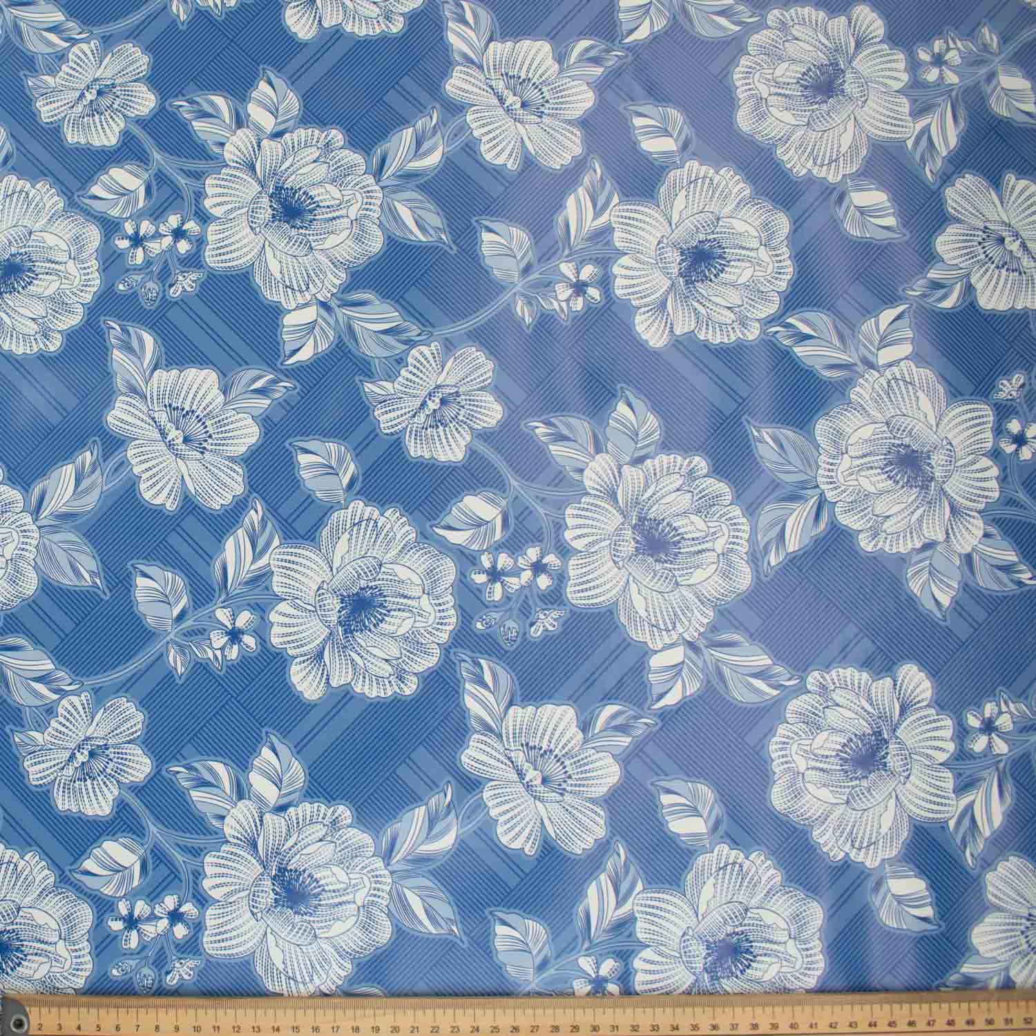 Blue Sketch Flowers Plastic Tablecloth Fabric - Image 2