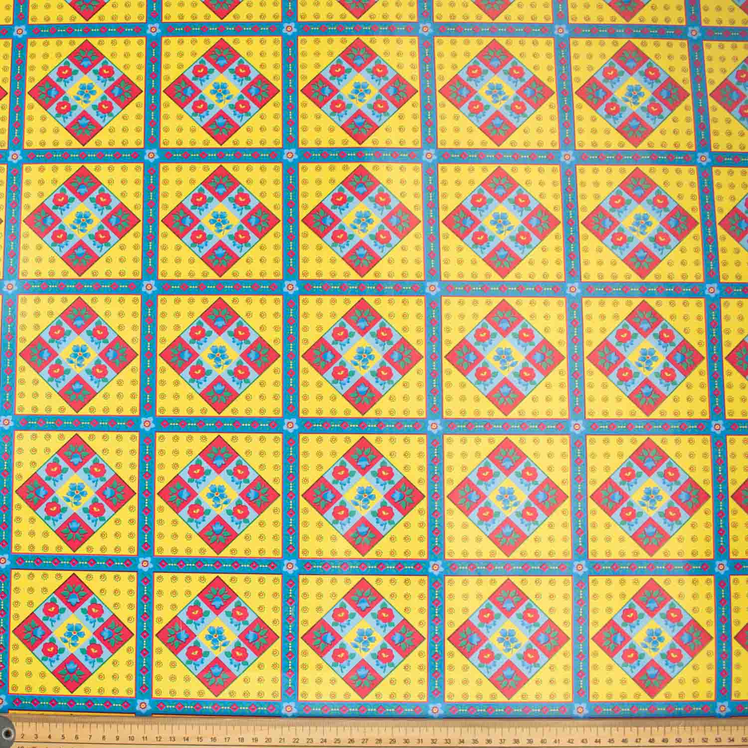 Blue & Yellow Vintage Check Plastic Tablecloth Fabric - Image 2