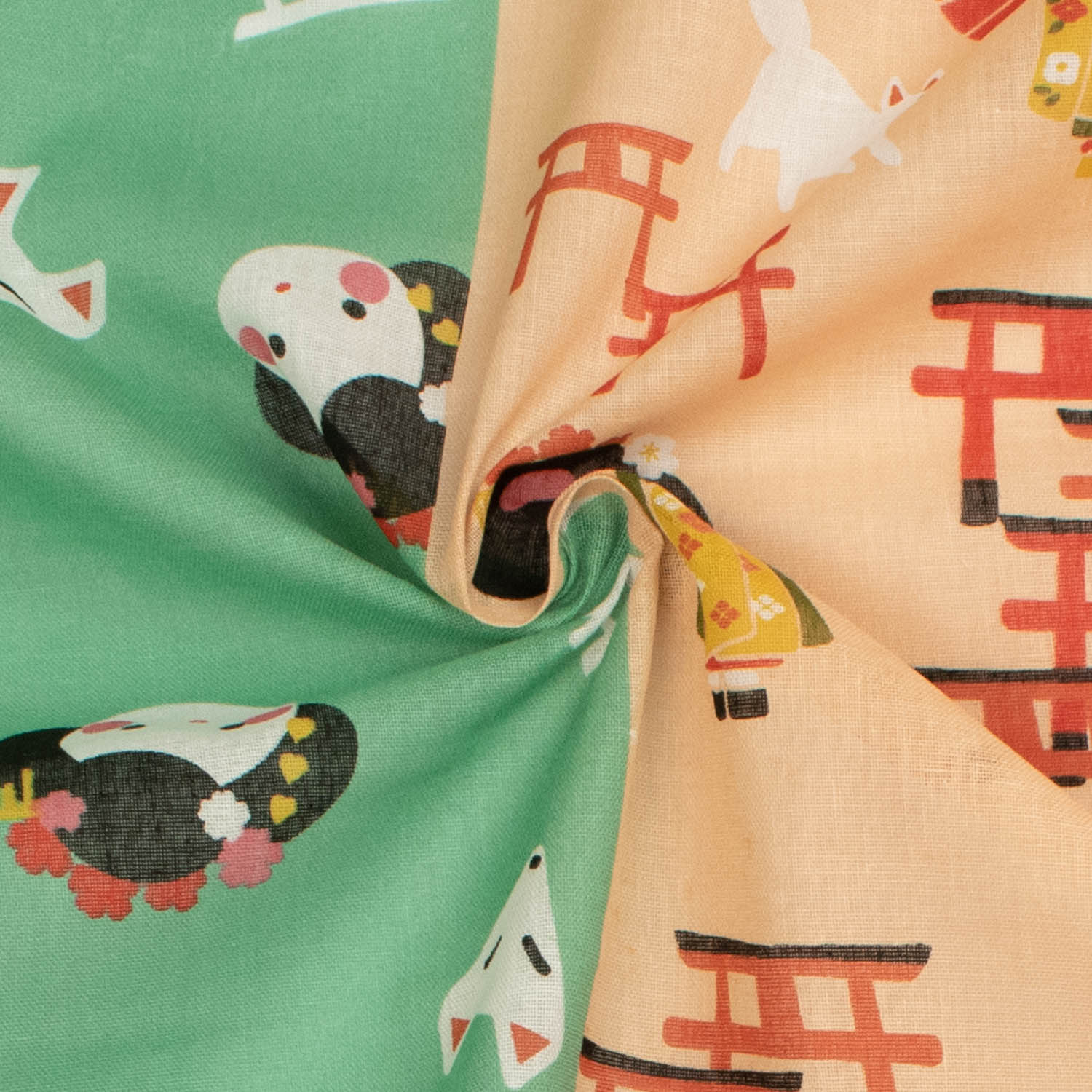 Border Printed Cotton Voile Design-14 Kimono Dolls on Green/Orange - Image 2