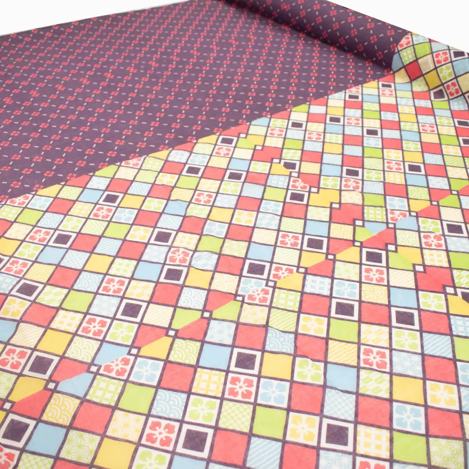 Border Printed Cotton Voile Design-2 Pink Floral Checks on Dusty Purple/Multi Colour Checks - Image 5