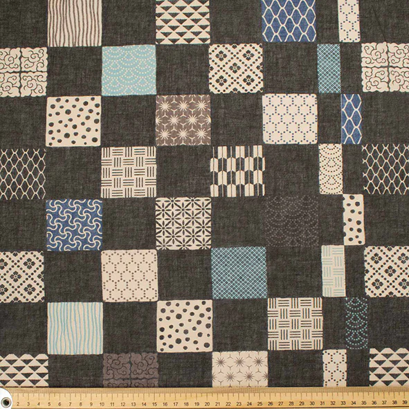 Border Printed Cotton Voile Design-24 White Vines on Blue/Grey Patch Work Checks - Image 3