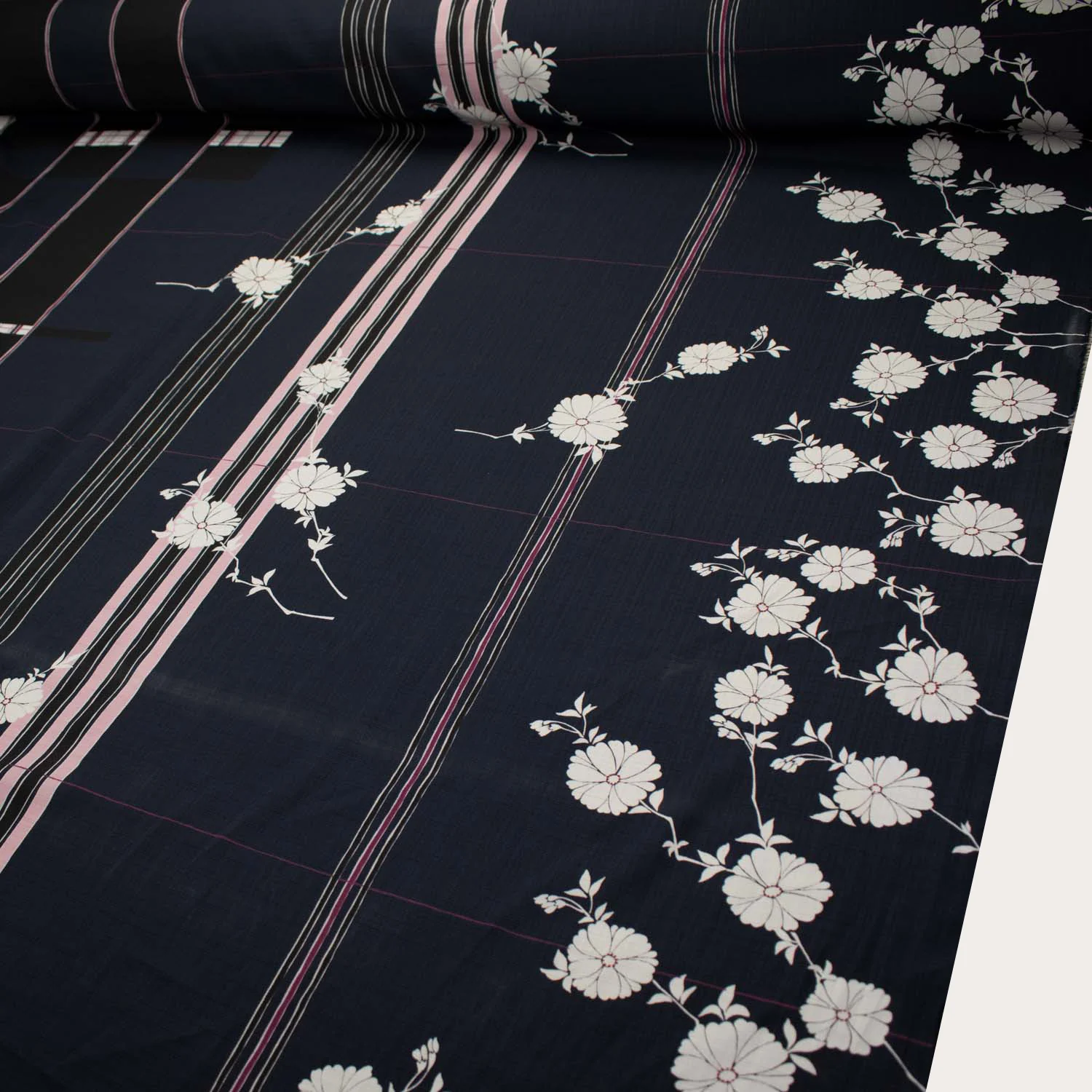 Border Printed Crepe Kimono White Floral on Navy - Image 2