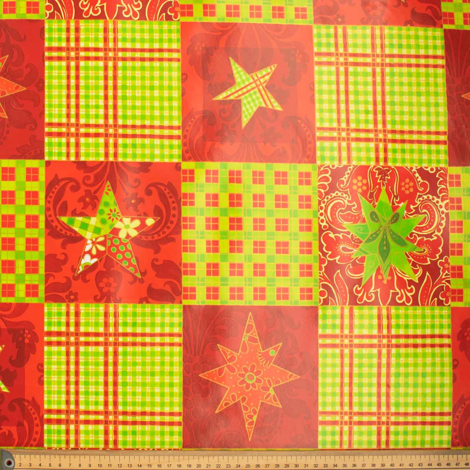 Christmas Star Green & Red Check Plastic Tablecloth Fabric - Image 2