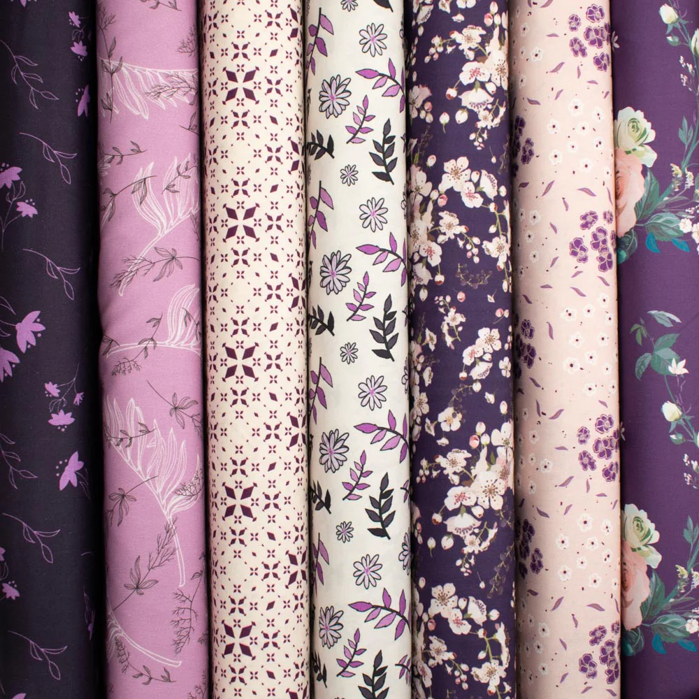 Old World Purple Collection #03 Small Blue & Cream Flower on Purple Grey Cotton Prints - Image 2