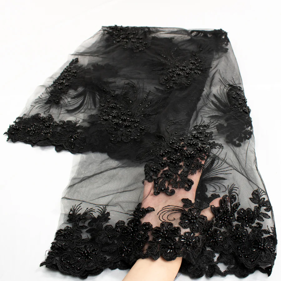 Corded Pearl/Beaded Embroidery Chantilly Lace Black - Image 2