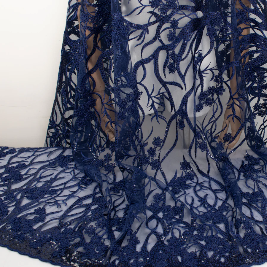 Corded Sequin Vines Chantilly Lace Design-2 Navy - Image 4