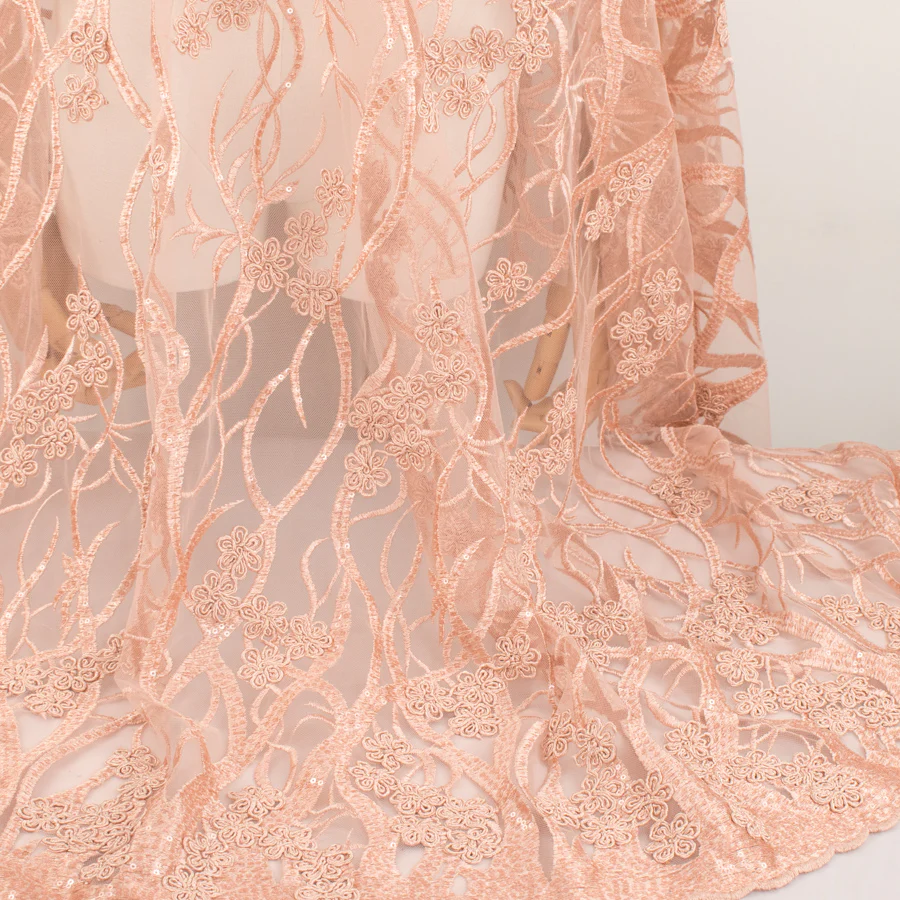 Corded Sequin Vines Chantilly Lace Design-2 Peach - Image 3