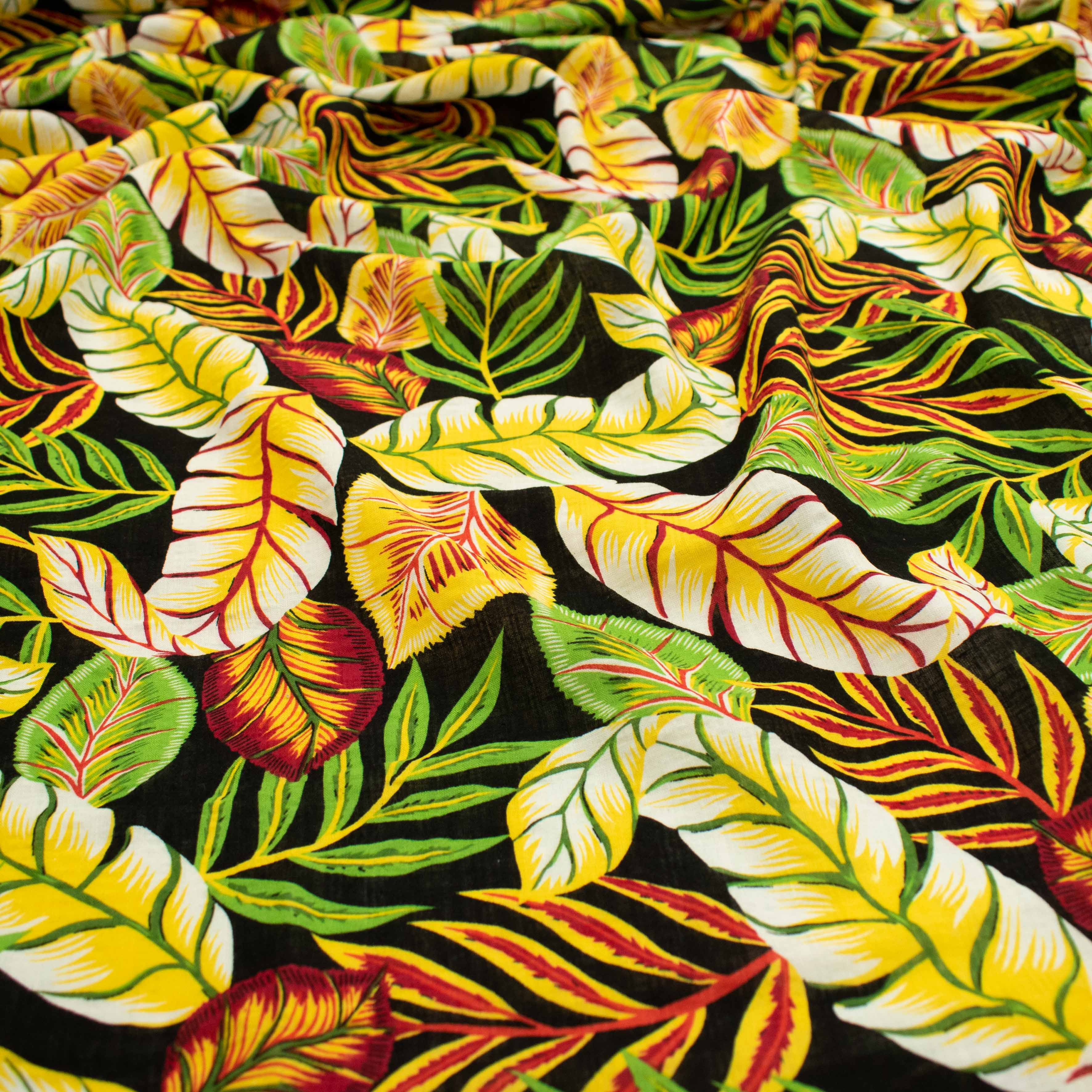 Crinkle Cotton Prints Design-19 Yellow Leaves on Black - Image 3