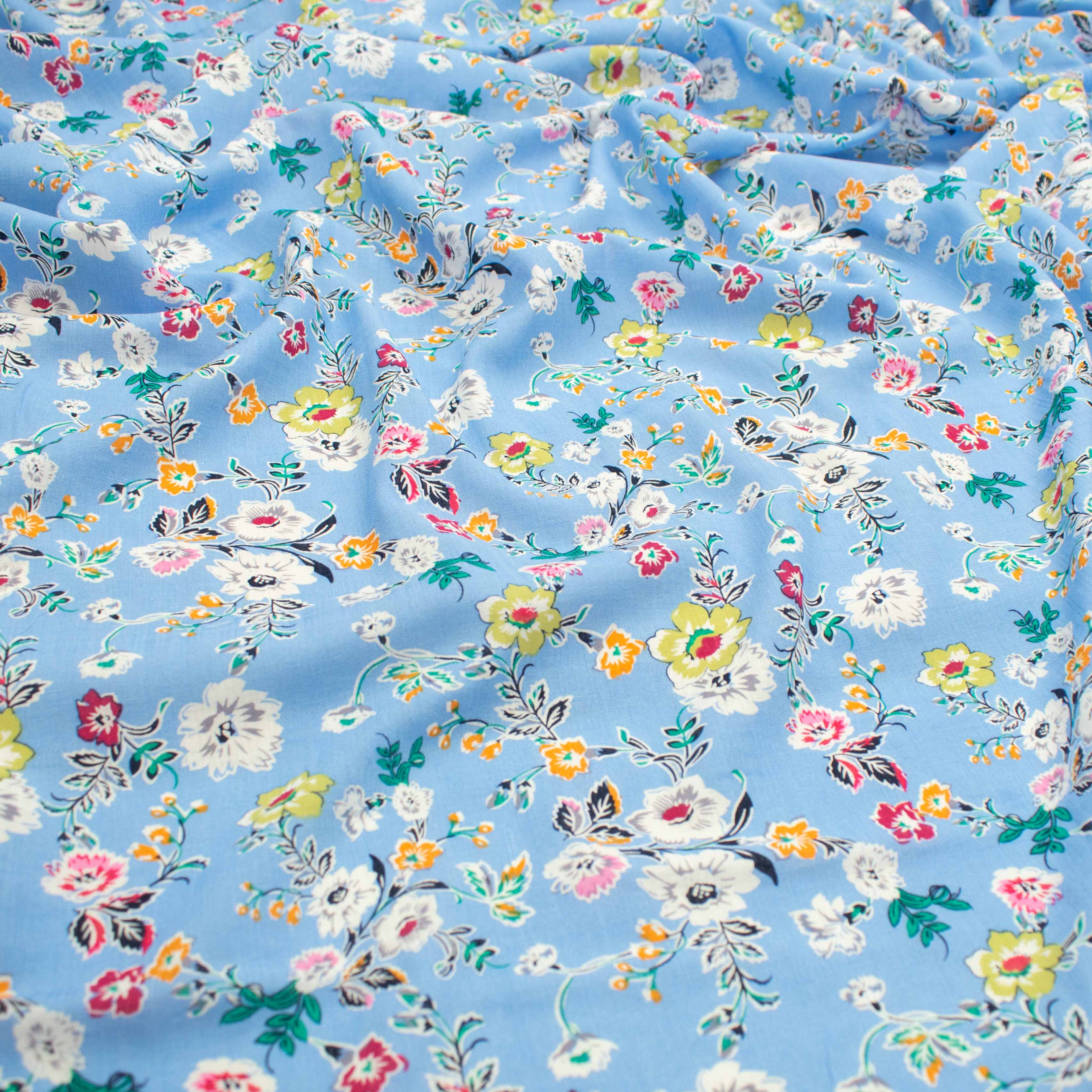 Crinkle Cotton Prints Design-23 White & Pink Flowers on Sky Blue - Image 3