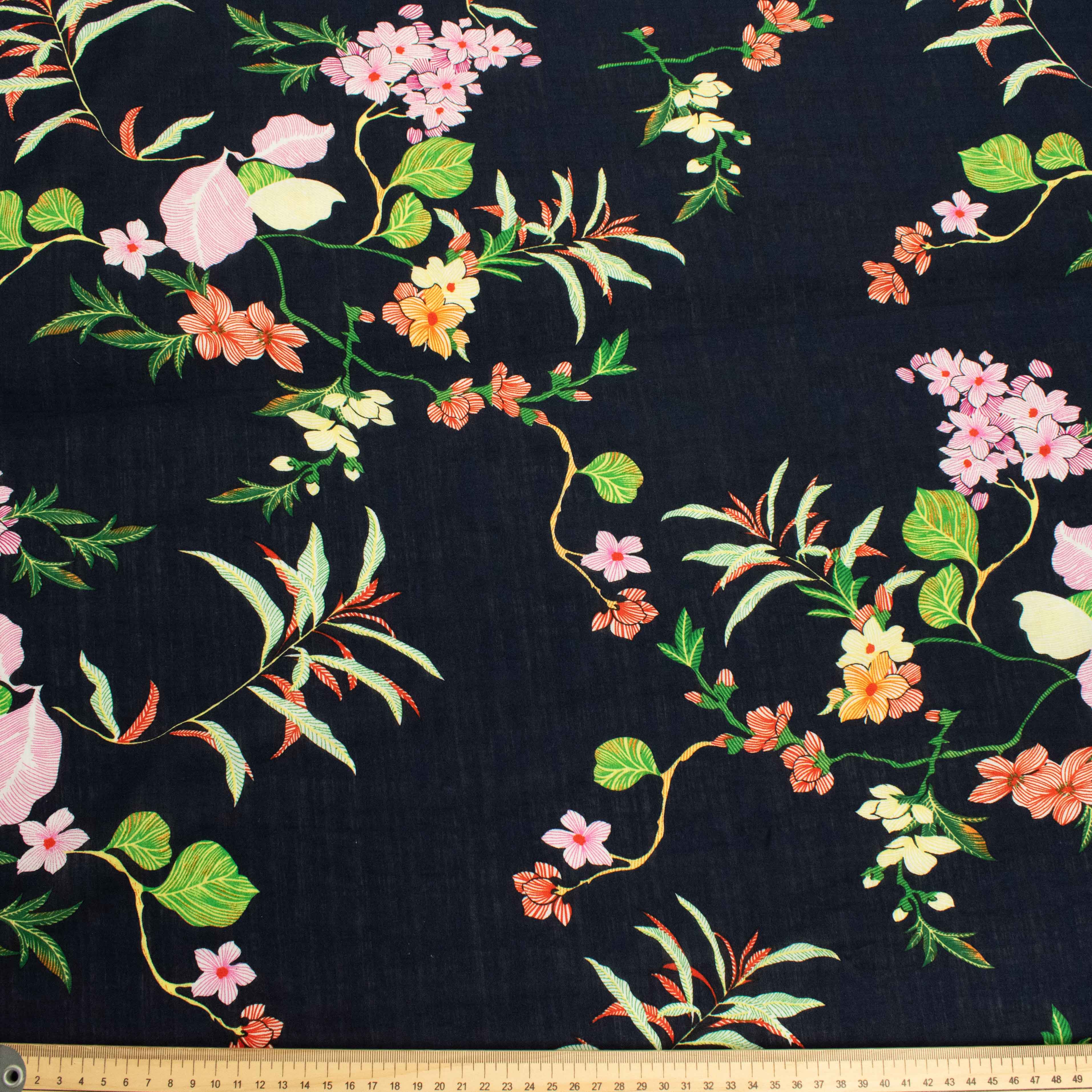 Crinkle Cotton Prints Design-4 Baby Pink Floral Vines on Navy - Image 2