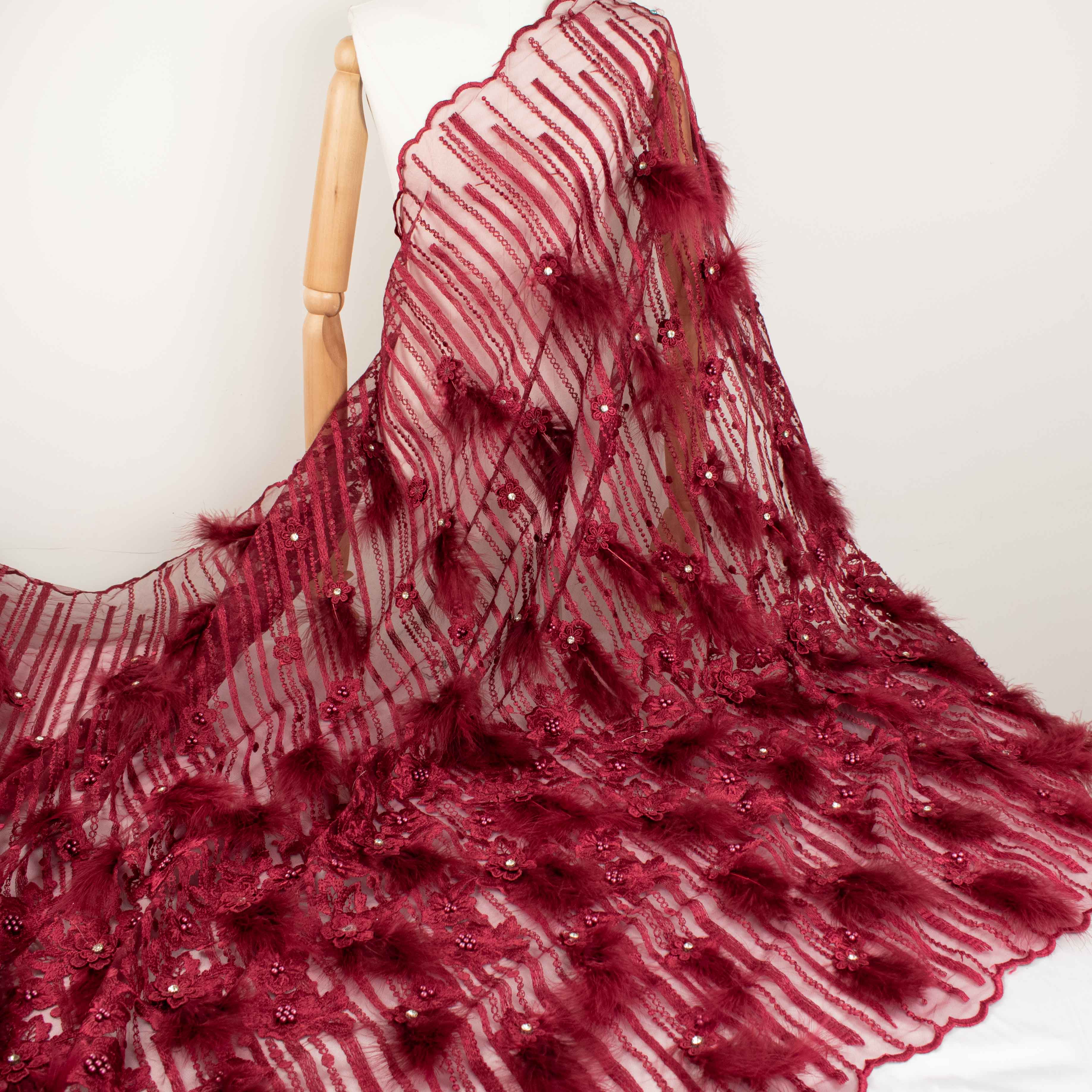 Diamante Feather 3D Flower Lace Maroon - Image 5