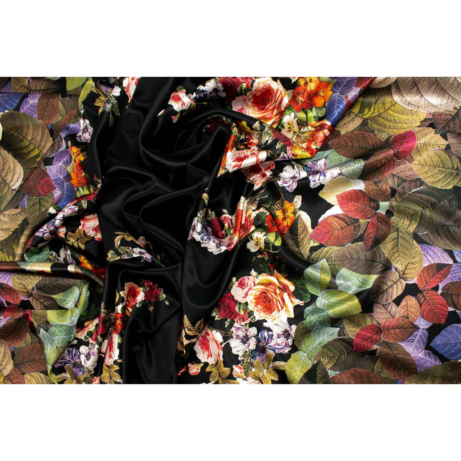 Digital Printed Satin Design-10 Border Printed Floral & Leaves on Black - Image 2