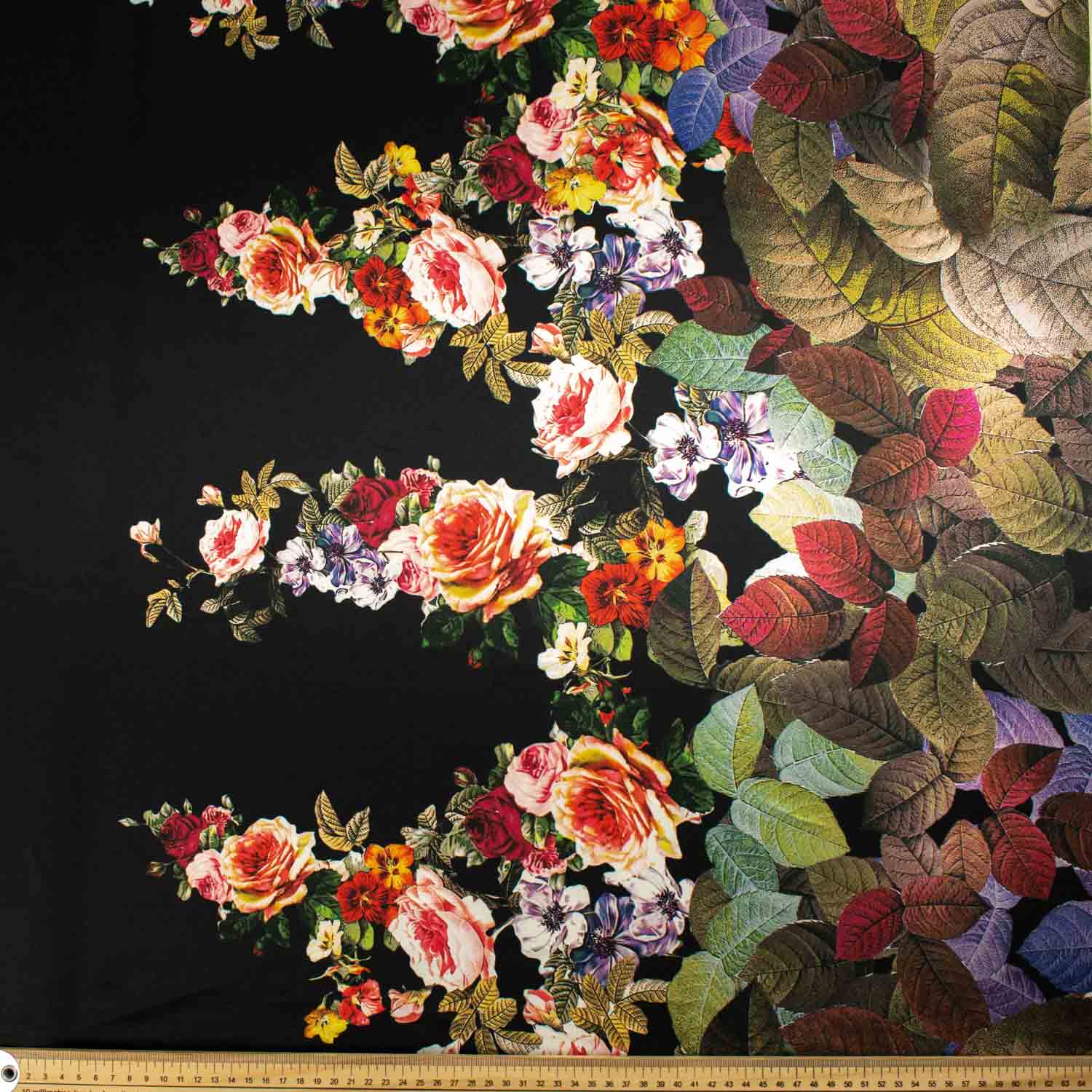 Digital Printed Satin Design-10 Border Printed Floral & Leaves on Black - Image 5