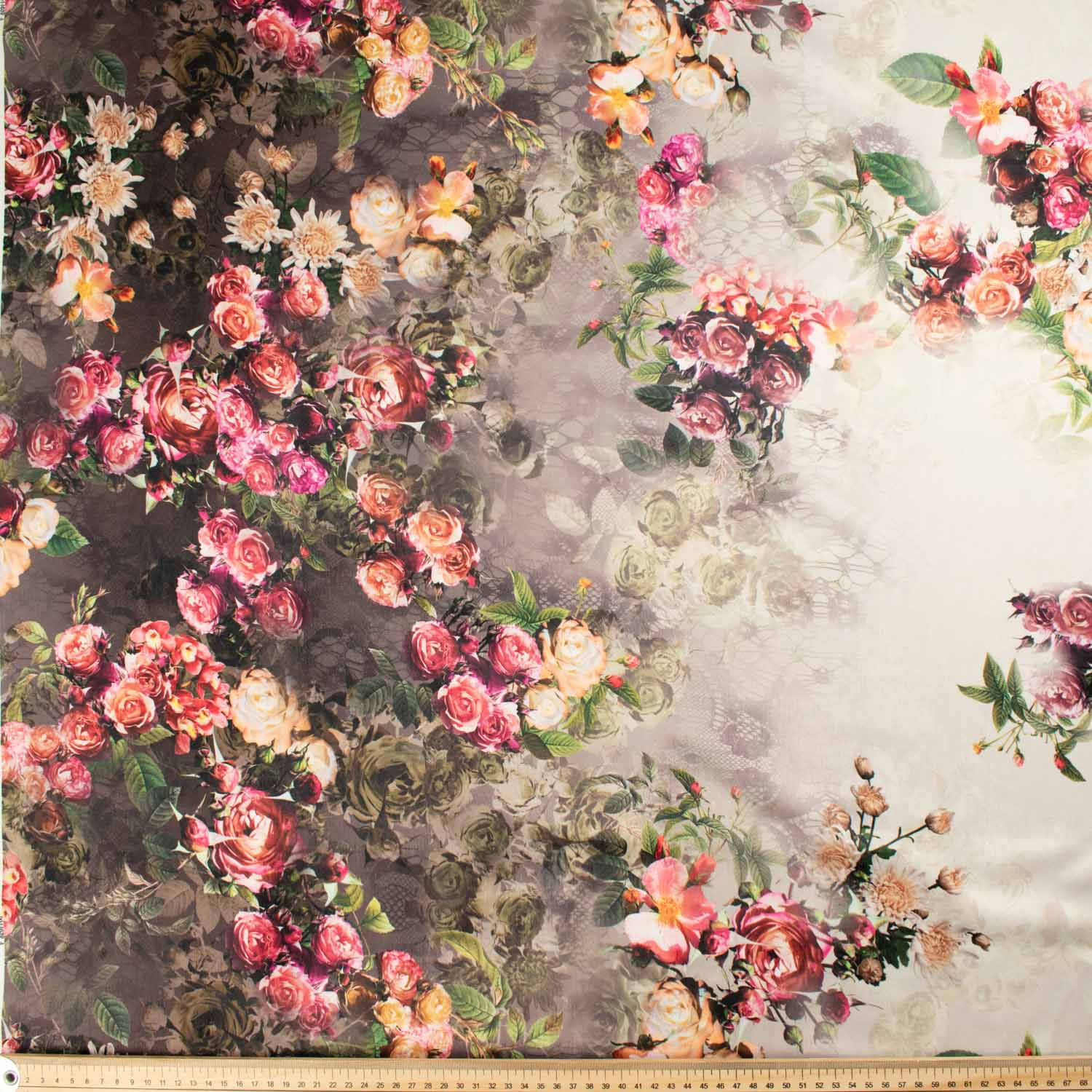 Digital Border Printed Satin Design-14 Roses on Grey - Image 2