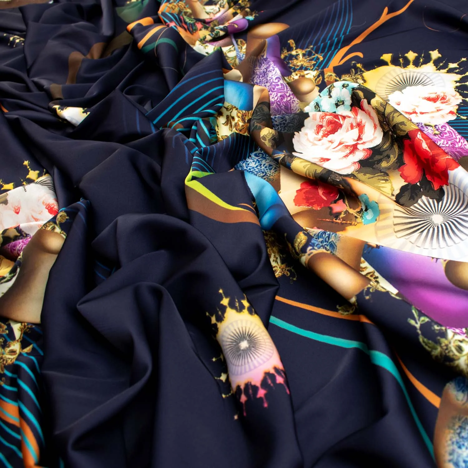 Digital Printed Satin Design-16 Novelty on Navy - Image 2