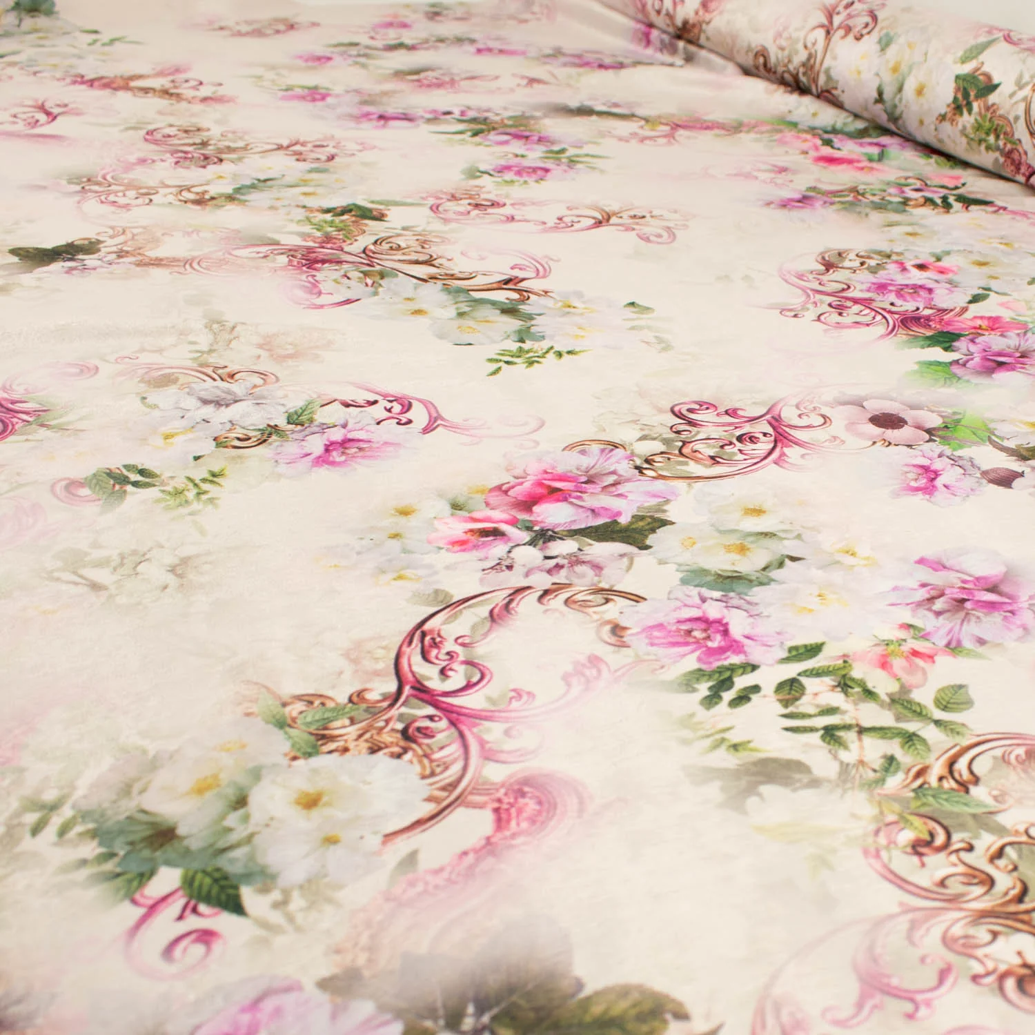 Digital Printed Satin Design-19 Pink Floral on Ivory - Image 2