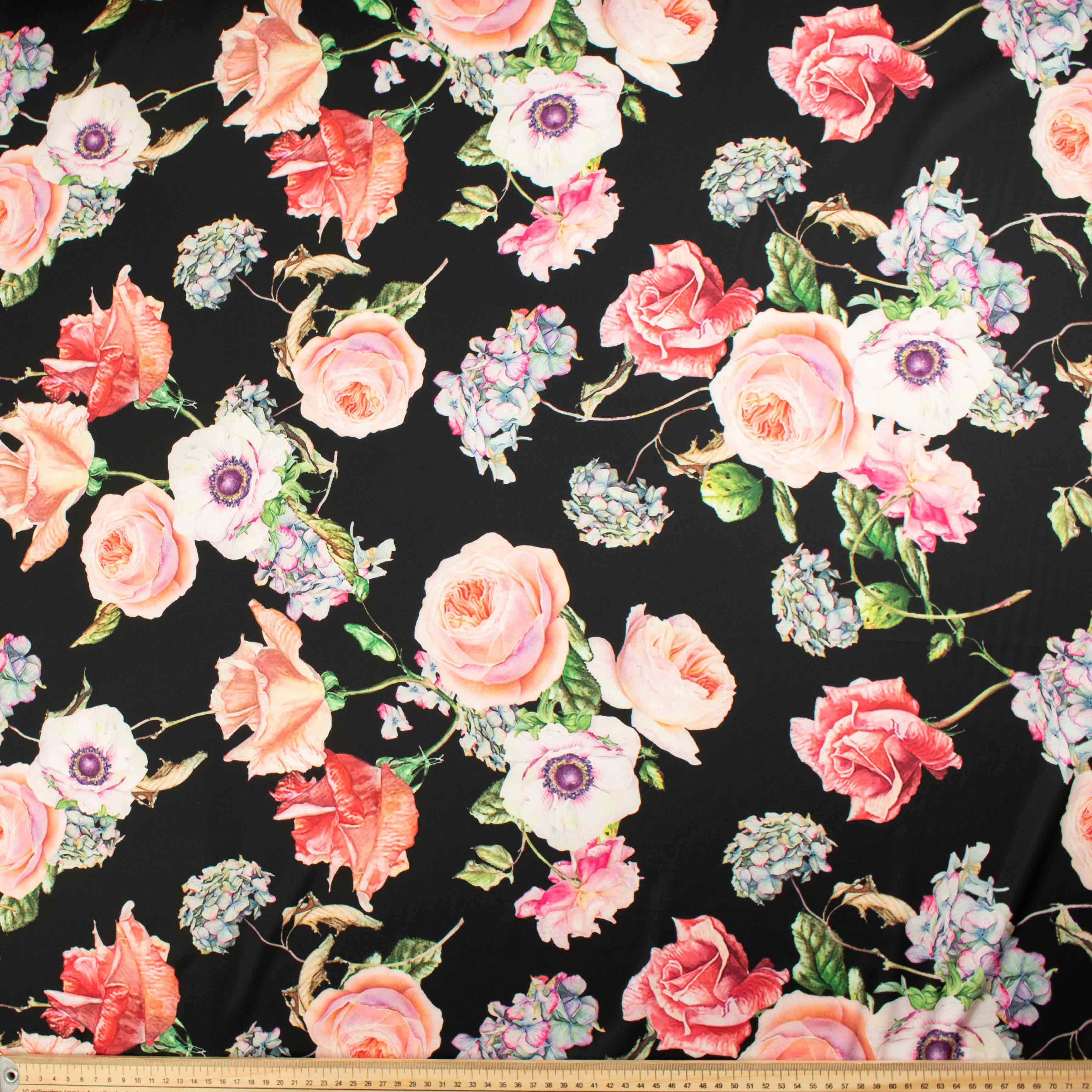 Digital Printed Satin Design-20 Floral Bloom on Black - Image 2
