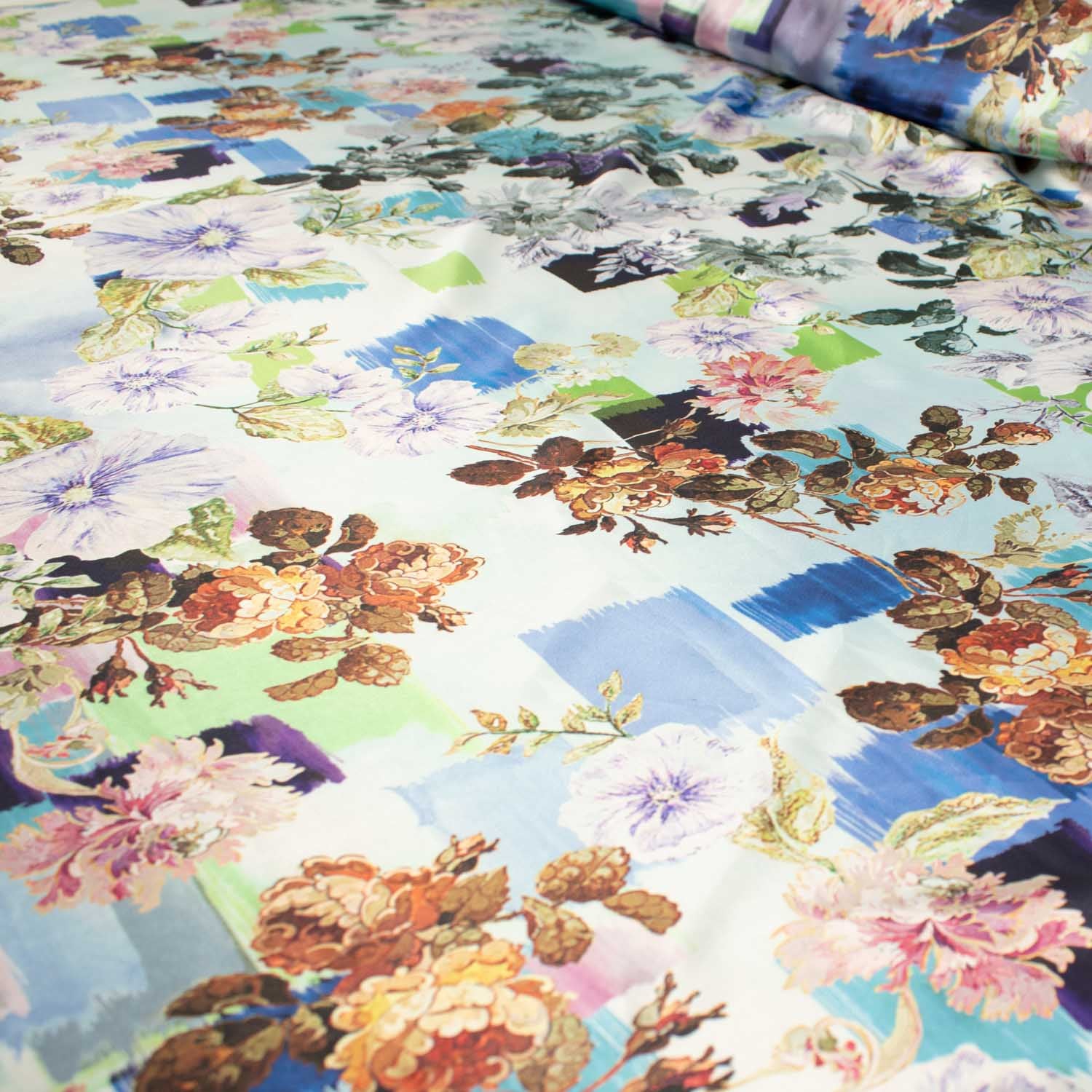 Digital Printed Satin Design-22 Floral on Blue Checks - Image 3