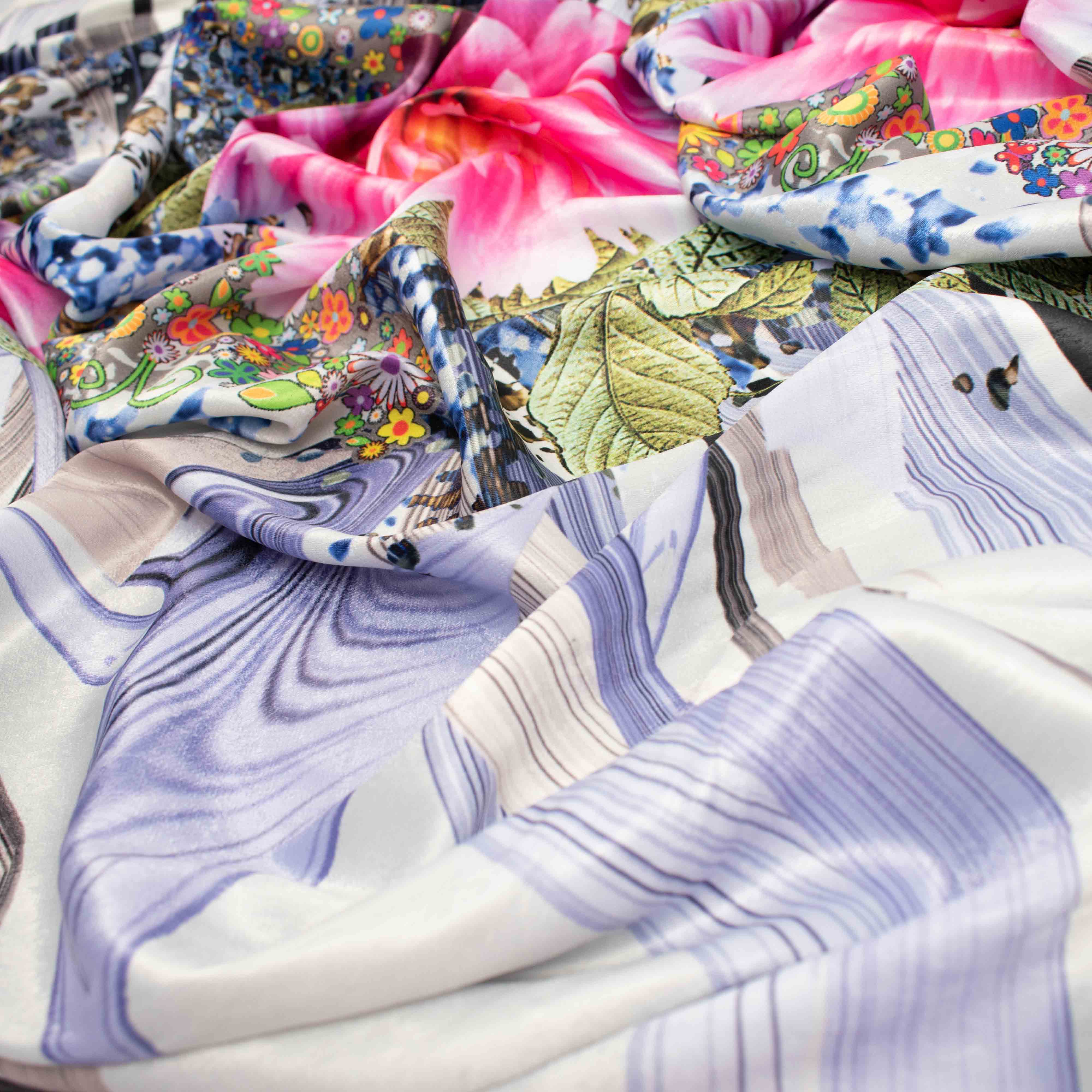 Digital Printed Satin Design-25 Pink Floral on Blue Wave Stripes - Image 2